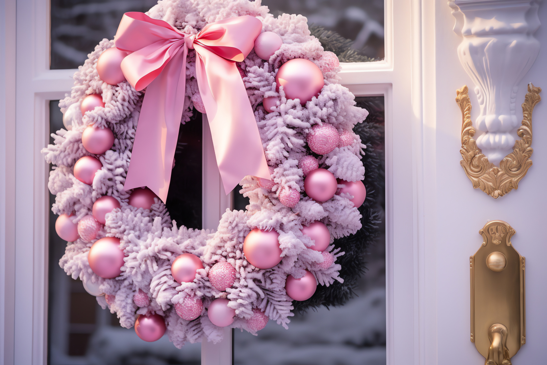 Pink Christmas decor, Front entry festooning, Rosette ribbon, Holiday greeting, Festal charm, HD Desktop Image