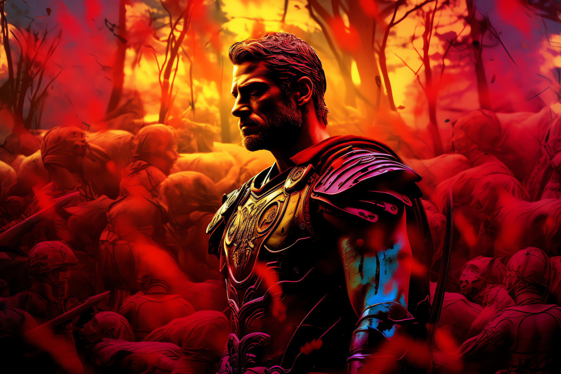 Spartacus uprising, Roman Republic era, Slave rebellion, Combative gladiators, Dense forest clash, HD Desktop Image