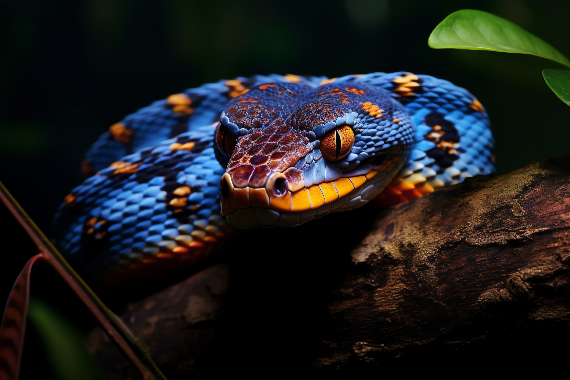 Exotic Bush Viper, Vibrant reptilian hues, Jungle serpent, Herpetology enthusiasts, Foliage mimicry, HD Desktop Image