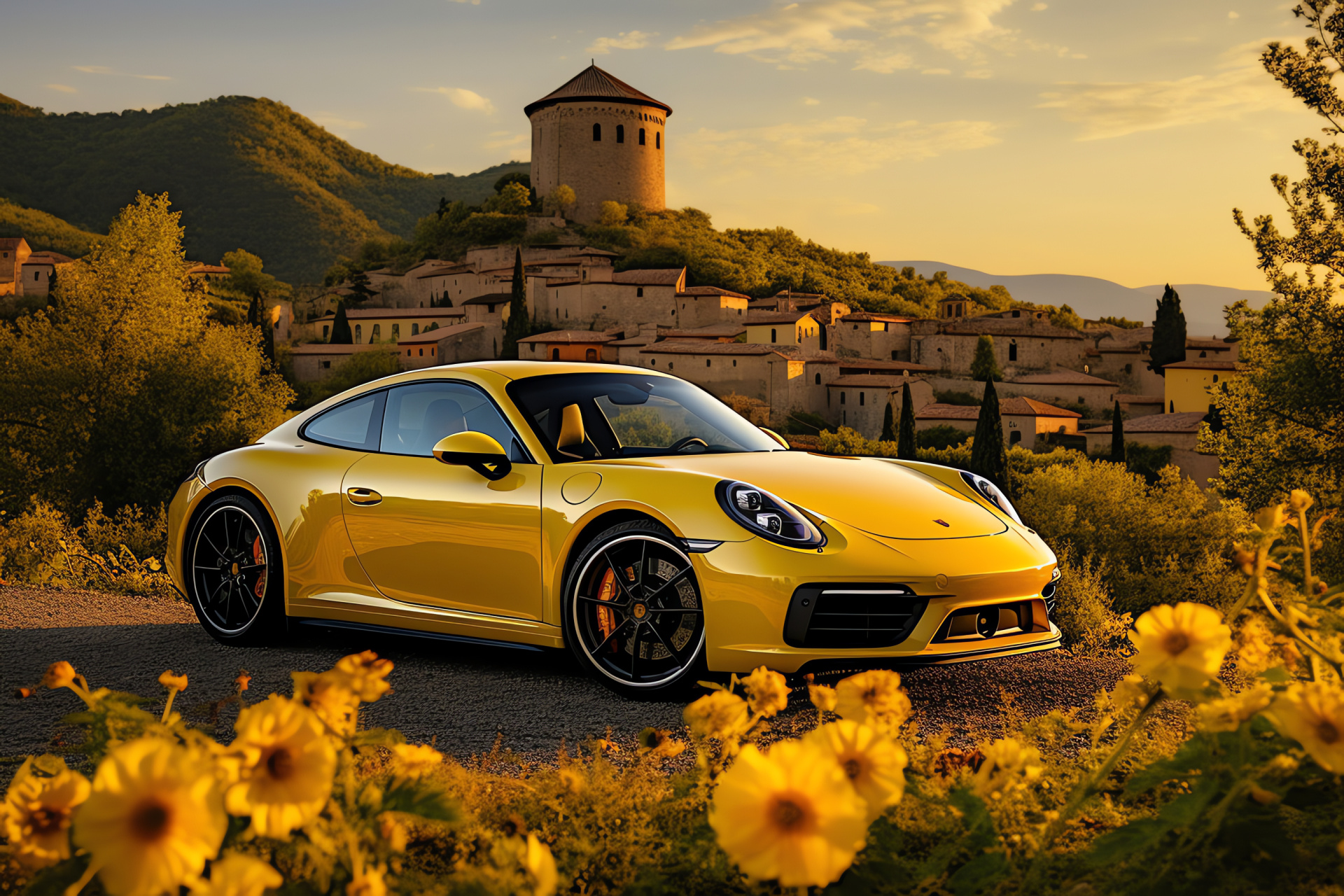 Tuscany panoramas, Porsche GT3 Touring package, Sunflower fields view, Regional agriculture, Driving pleasures, HD Desktop Wallpaper