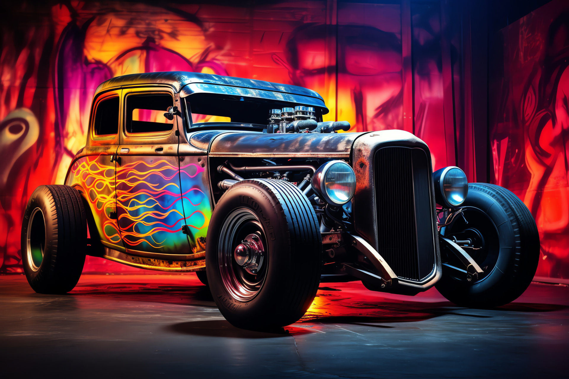 Custom Rat Rod variant, Rusty Beast look, side profile shot, aged car texture, neon underglow, HD Desktop Wallpaper