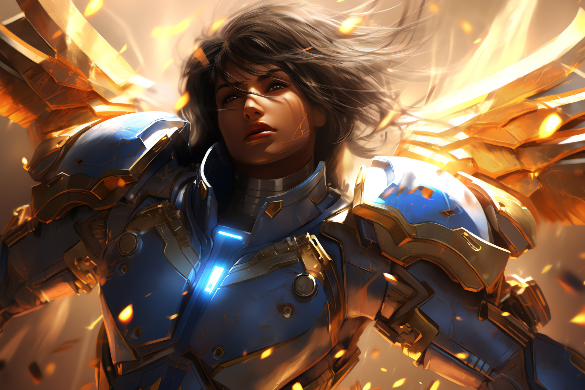 Pharah, Overwatch sentinel, Combat scene, Protective suit, Daylight glare, HD Desktop Wallpaper