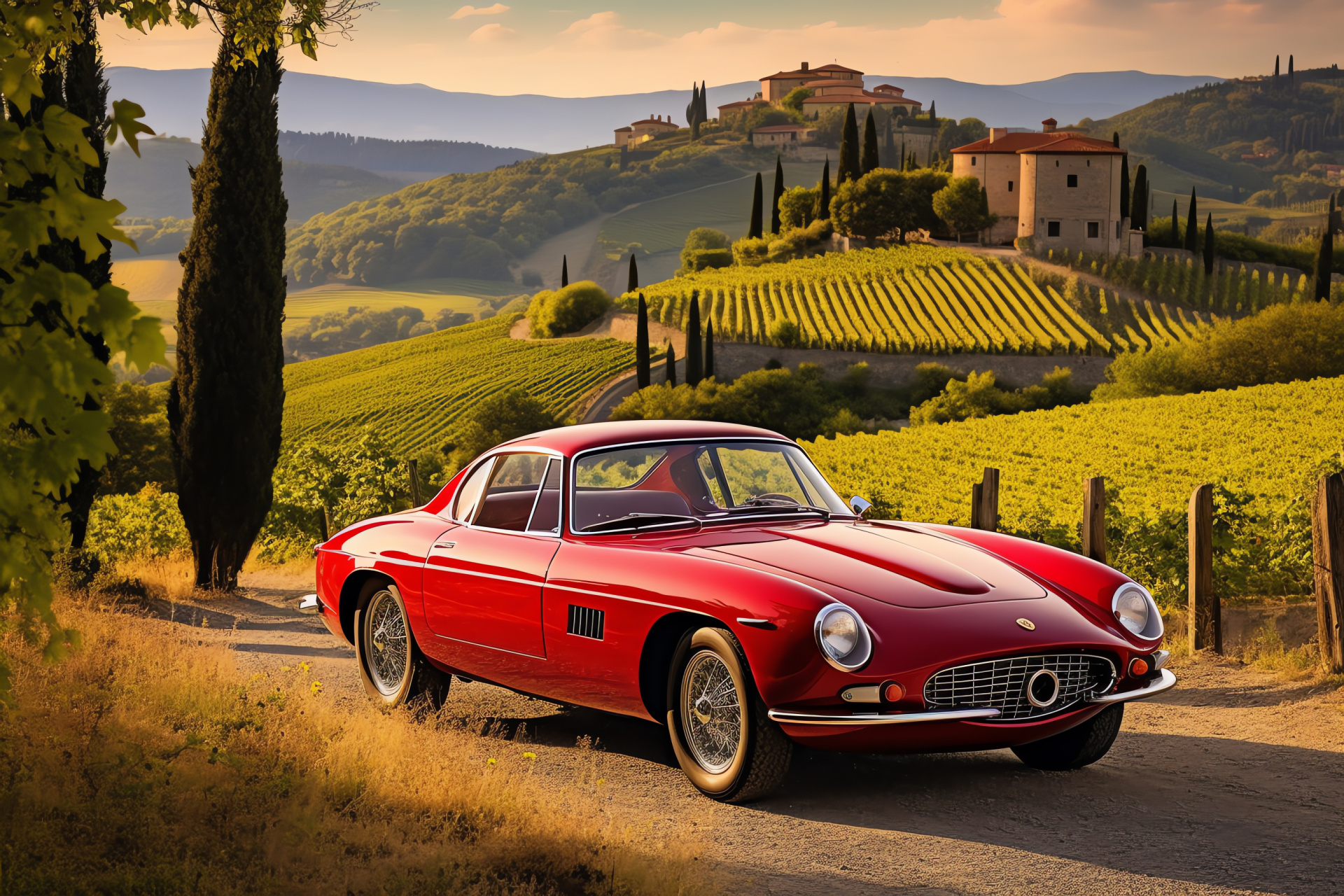 Tuscany red sports car, Panoramic vineyard view, Italian luxury, High-performance automobile, Scenic road trip, HD Desktop Wallpaper