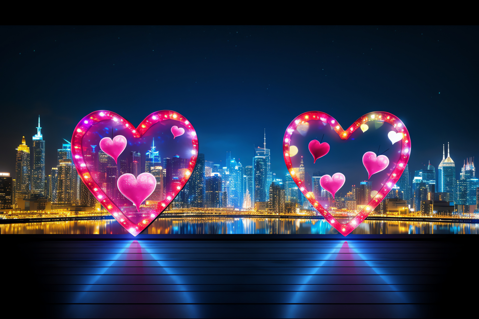 Valentine festivities, Urban panorama, Evening glow, Luminous signage, Romantic symbols, HD Desktop Wallpaper