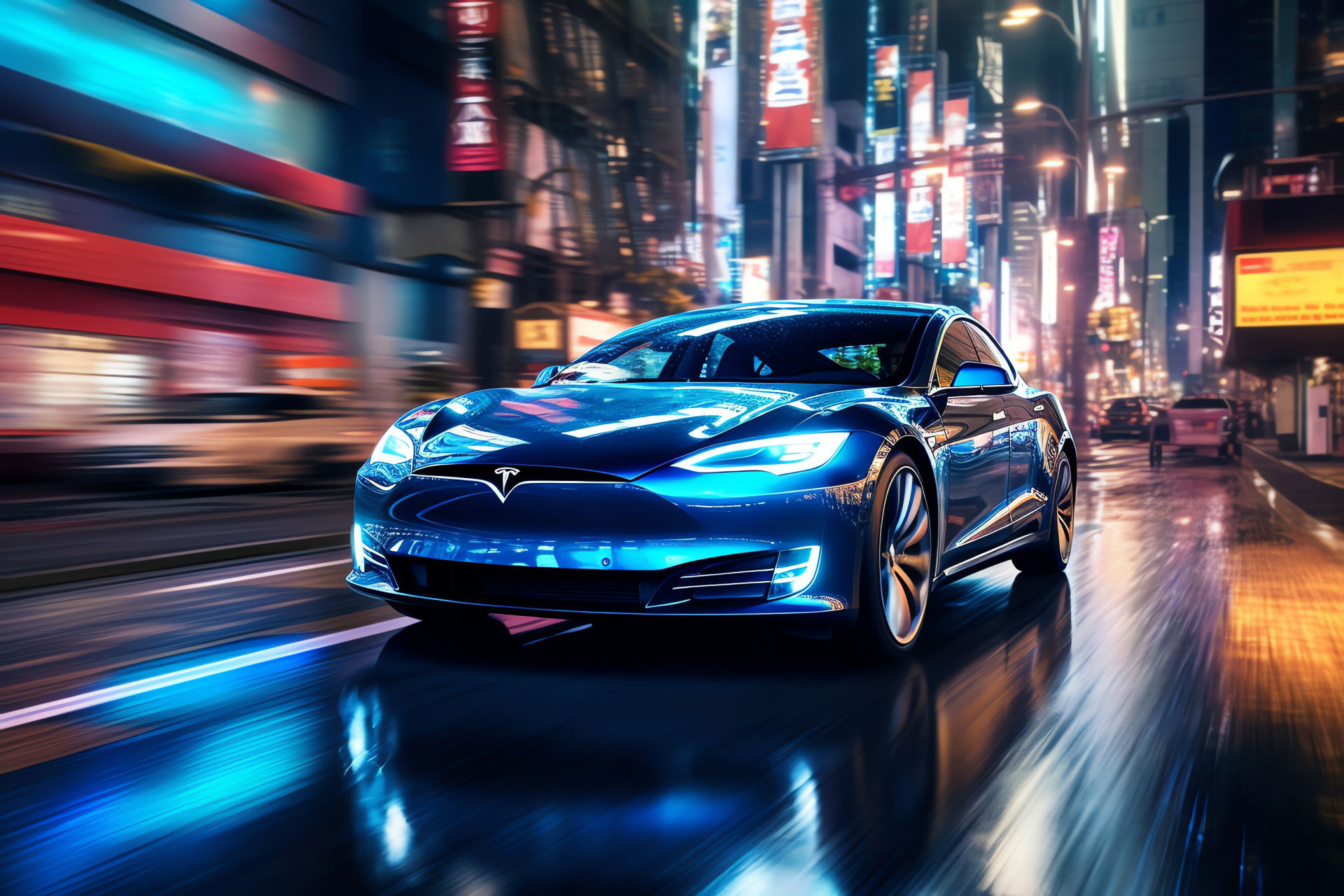 Tesla Model S, Tokyo streets, Shibuya District, Neon illumination, Futuristic transportation, HD Desktop Image