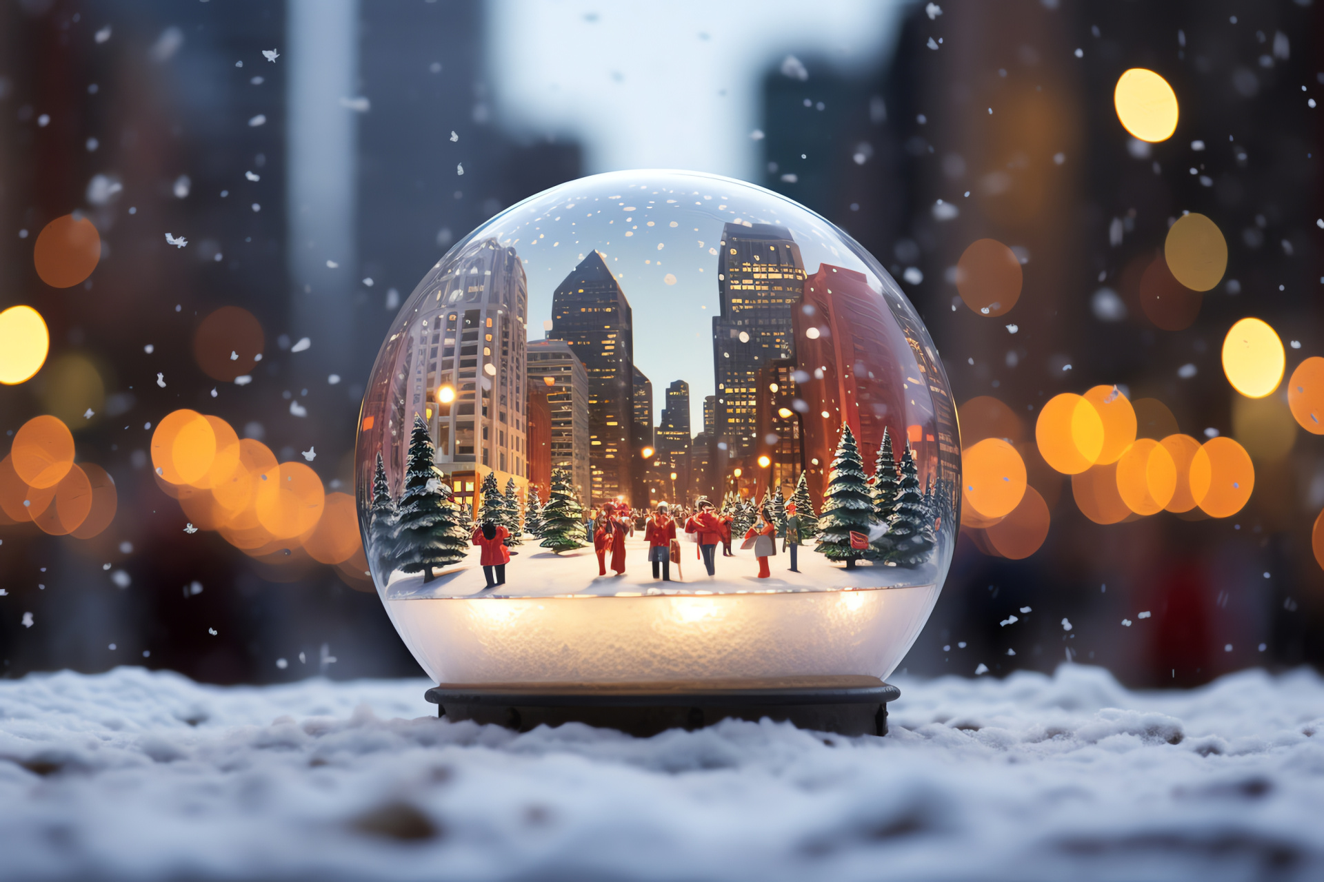 Metropolis Snow Globe, Miniature Urban Scale, Winter Holiday Display, Festive Square Miniature, Architectural Snow Scene, HD Desktop Wallpaper