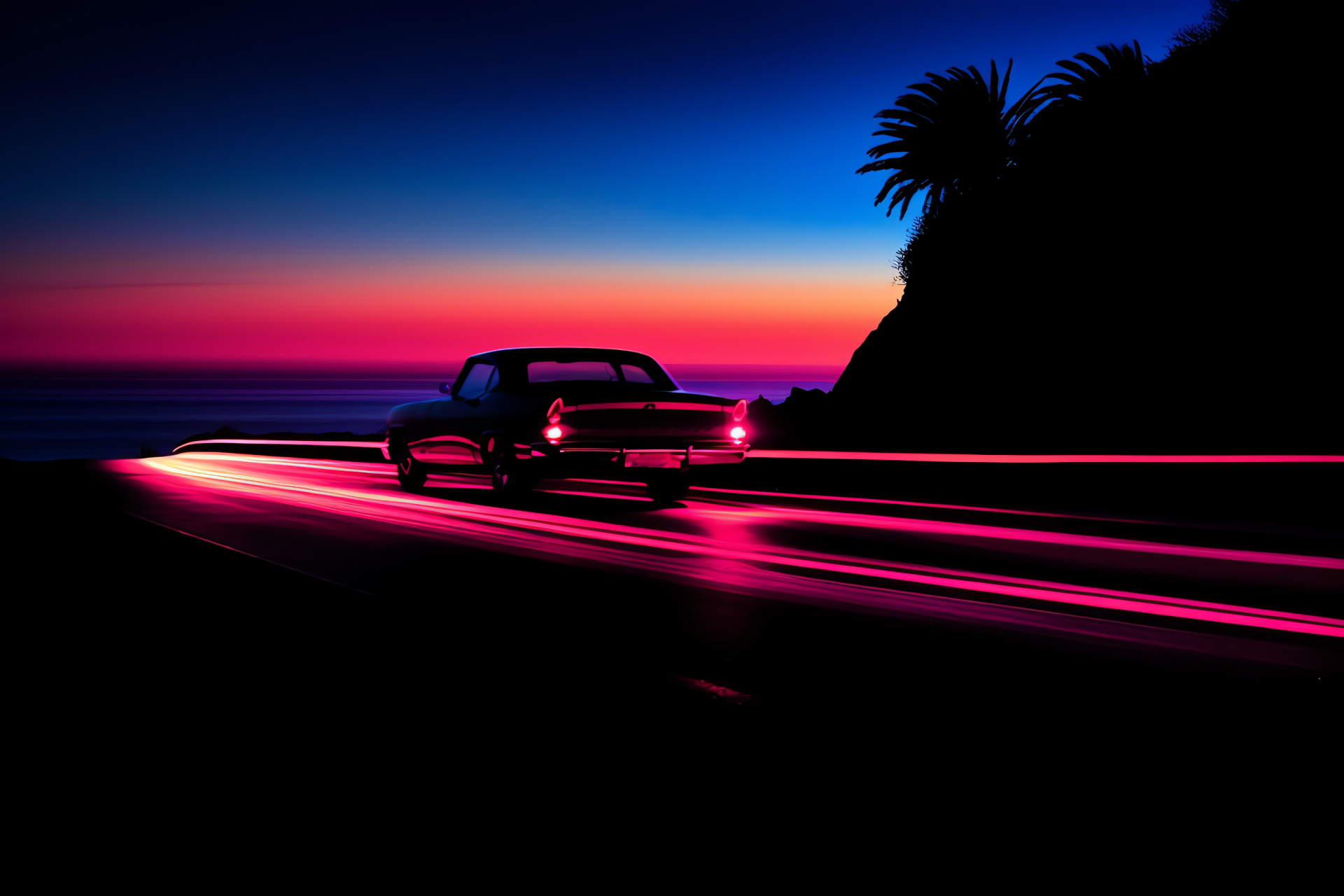 Glossy neon automobile, California coastal route, nocturnal skyline, reflective contours, oceanic backdrop, HD Desktop Wallpaper