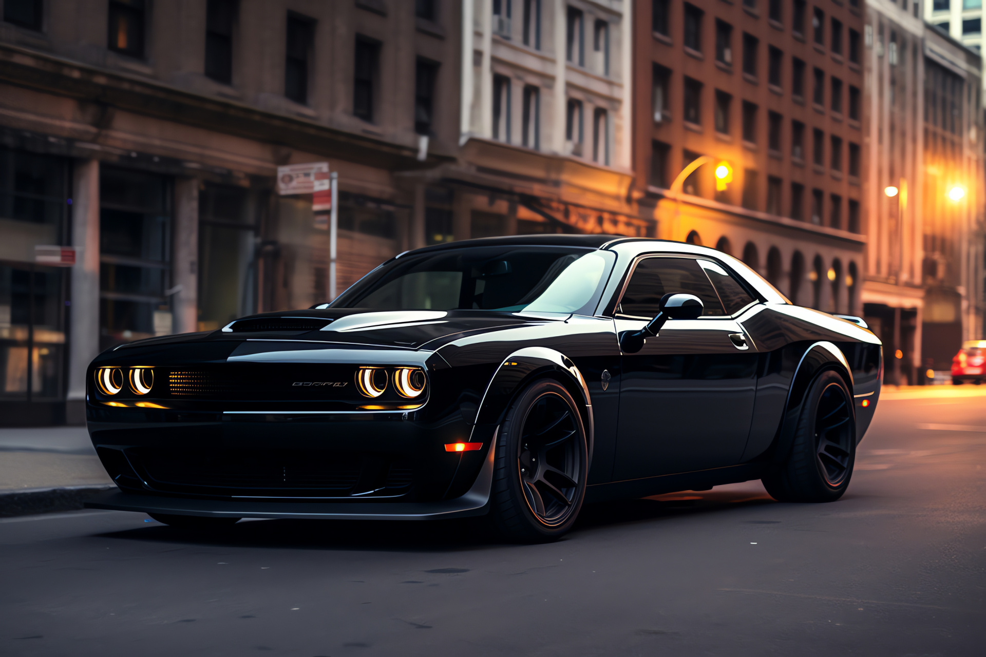 Dodge Challenger Hellcat, Muscle car stance, New York backdrop, Vehicular roar, Shiny ebony coat, HD Desktop Wallpaper