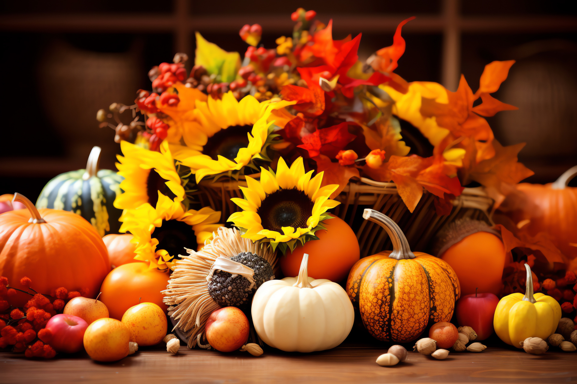 Thanksgiving table centerpiece, Pumpkin varieties, Squashes collection, Autumn bloom types, Helianthus adornment, HD Desktop Wallpaper