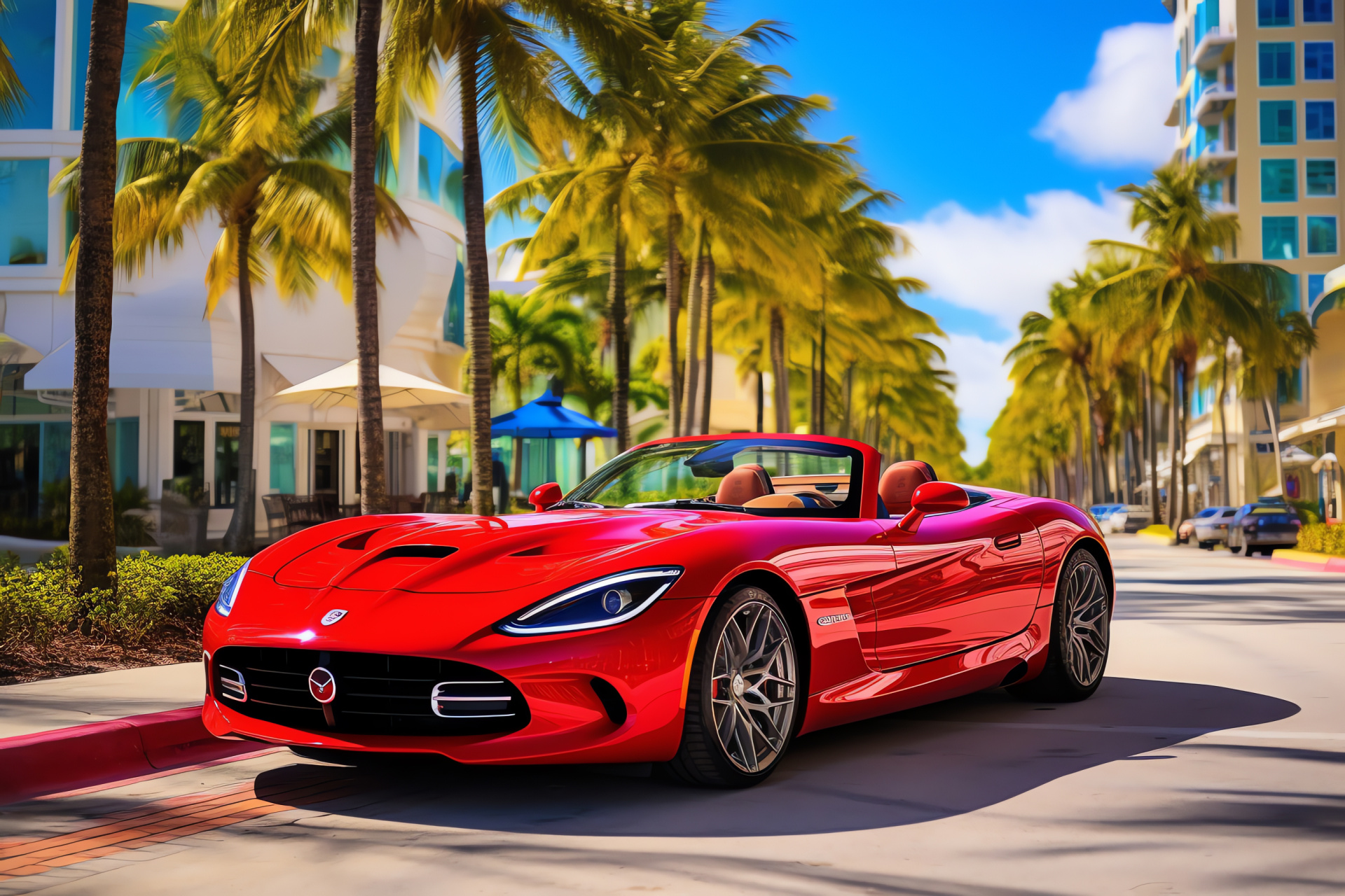 Miami vibes, SRT Viper SRT10, Glossy red, Iconic street, Architectural surroundings, HD Desktop Image