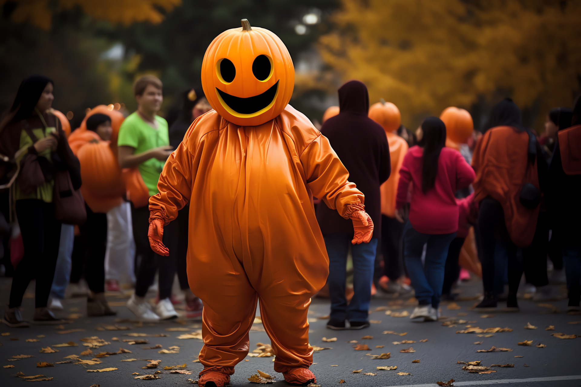 Halloween costume, Pumpkin attire, Autumn pageantry, Themed festivity, Community parade, HD Desktop Image