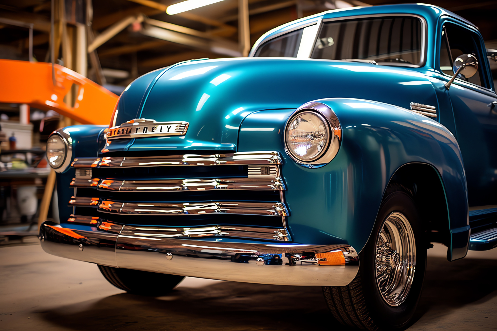 Restored Chevy Truck, Garage environment, Automotive restoration, Glossy exterior, Mechanical experts, HD Desktop Wallpaper