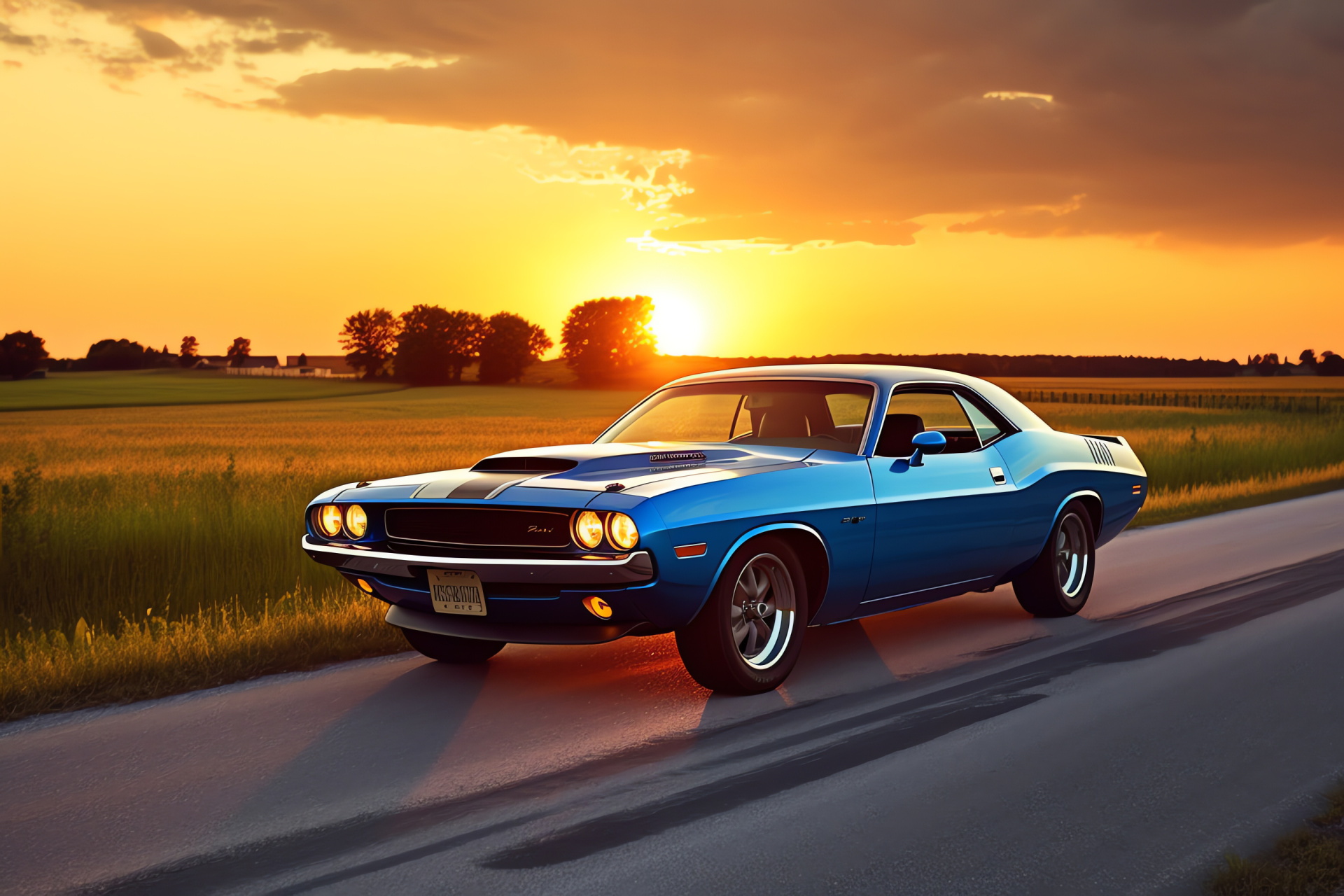 Dodge Challenger R/T, American Midwest, Sunset backdrop, Aggressive styling, Twin exhausts, HD Desktop Wallpaper