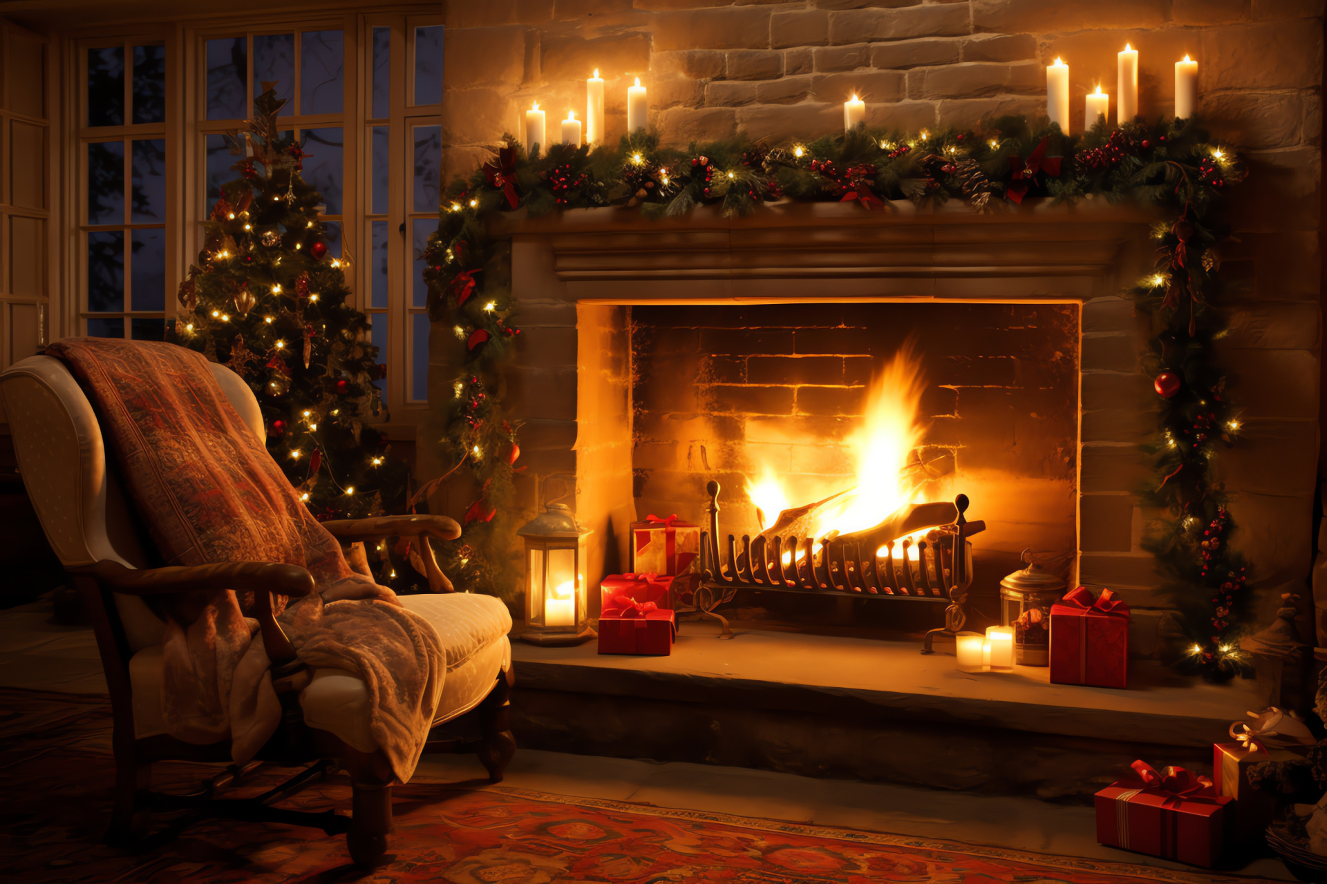 Seasonal fireplace, Yule stockings, Warmth radiance, Candlelit setting, Fireplace scene, HD Desktop Image