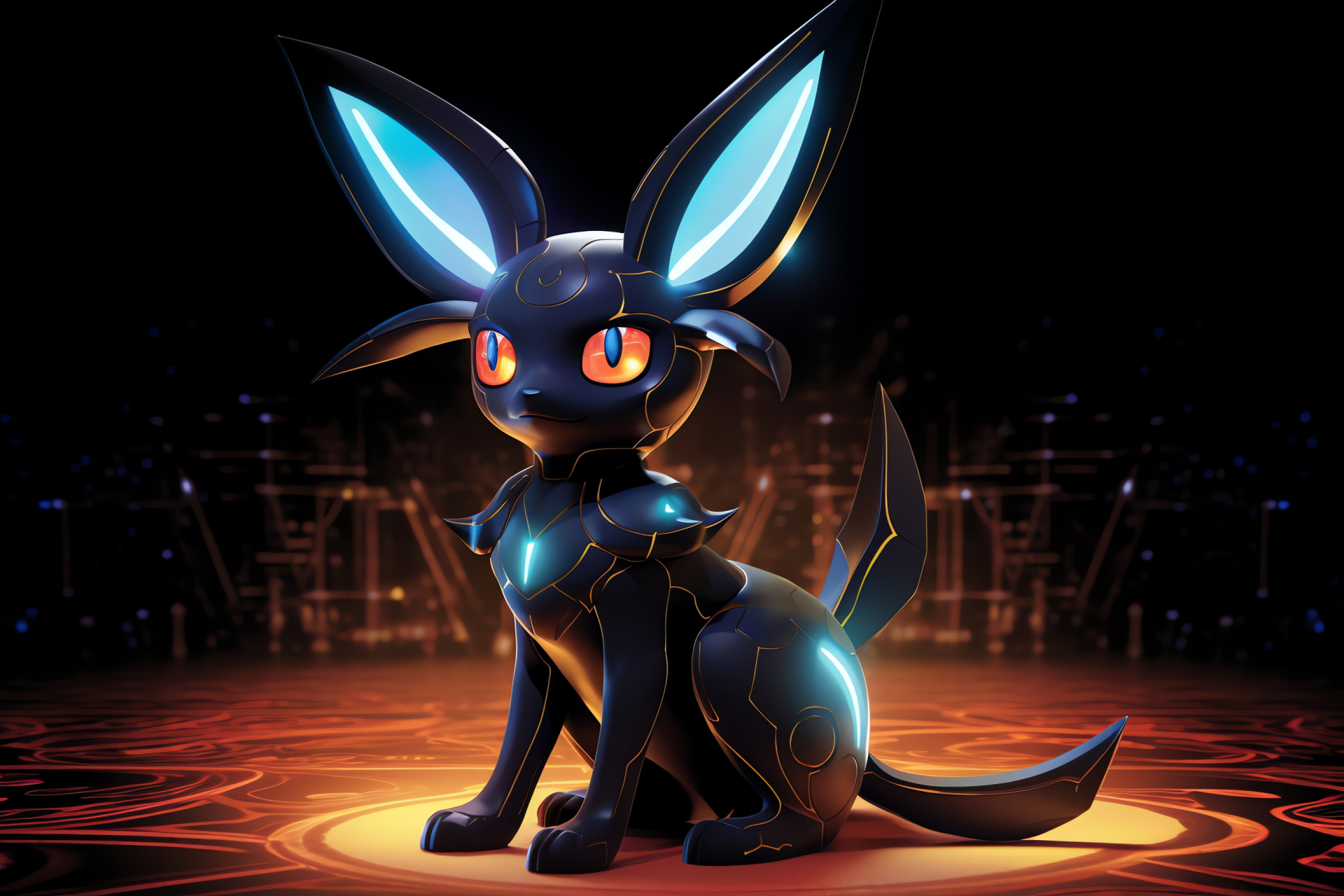 Shiny Umbreon of Pokemon, dark fur texture, neon ambiance, rare creature appearance, gaming icon, HD Desktop Wallpaper