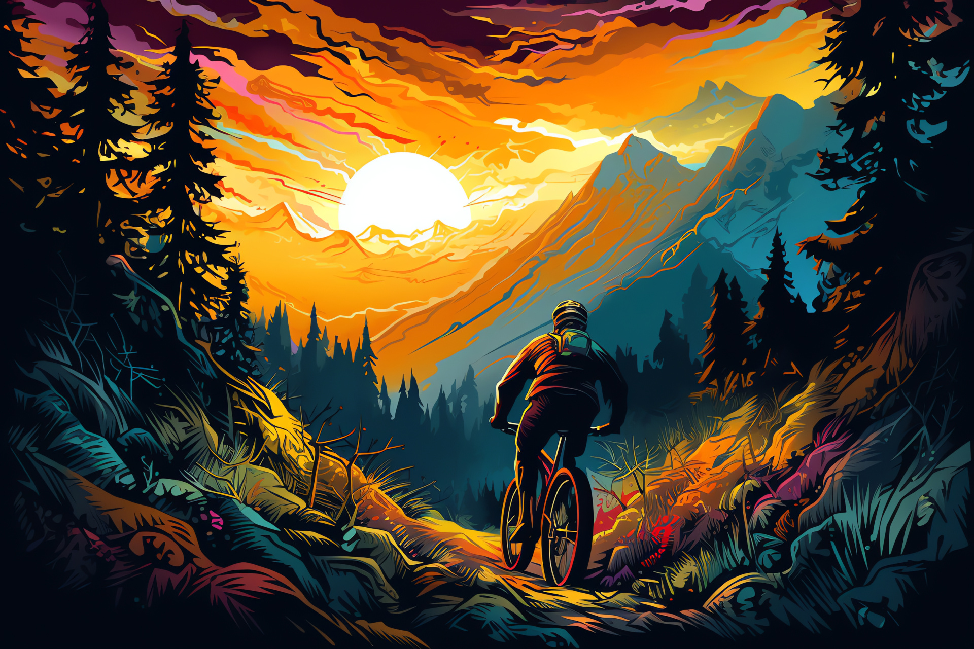 Mountain biking, Vast woodland trails, Adventurous biker, Forested riding path, Lush environment, HD Desktop Image