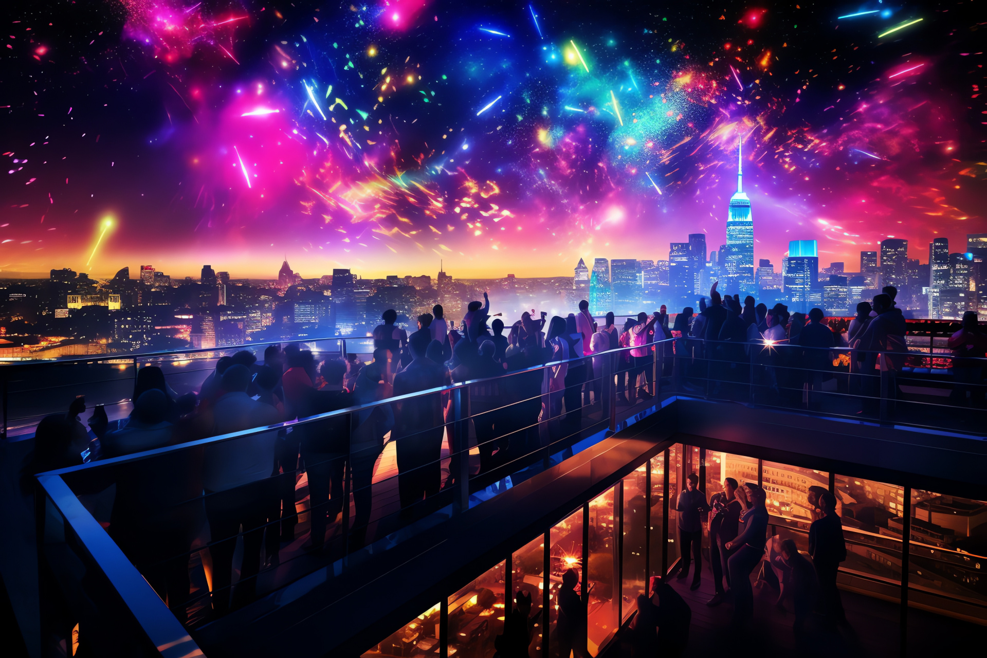 Rooftop New Year's bash, Dance floor vibrancy, Neon party glow, Festive skyline backdrop, Countdown excitement, HD Desktop Image