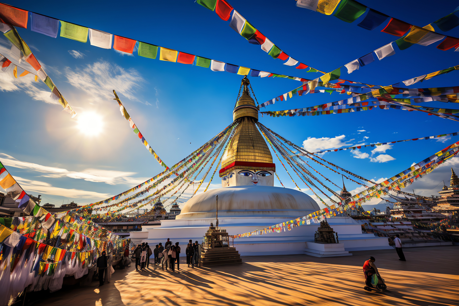 Kathmandu Valley, Boudhanath religious stupa, Nepalese Buddhism, Dome shaped sanctuary, prayer flag colors, HD Desktop Image