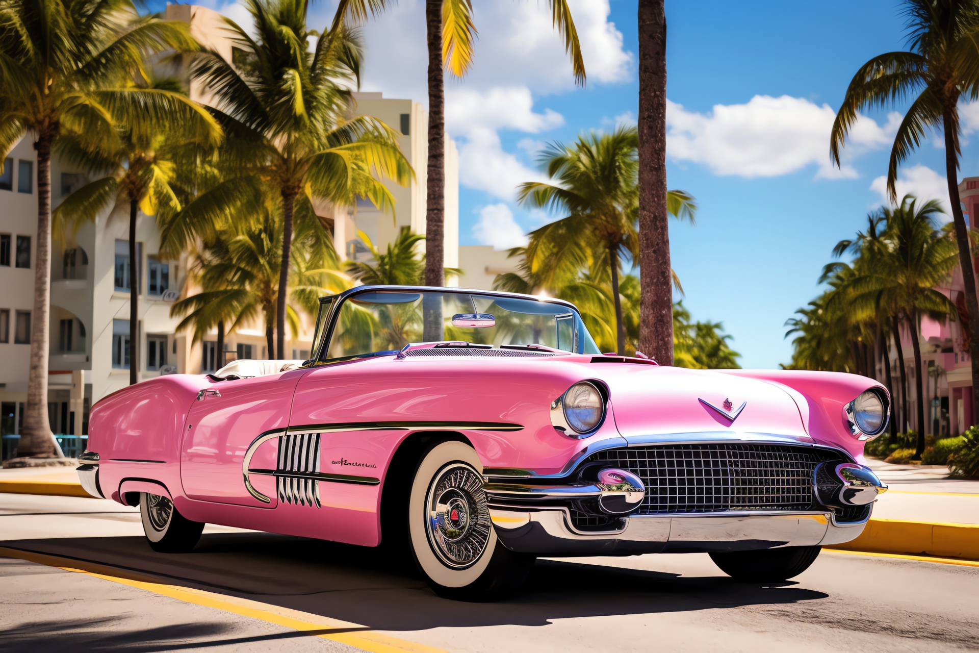 Pink Cadillac Eldorado, iconic Miami Ocean Drive, tropical palm surroundings, ornate Art Deco architecture, HD Desktop Wallpaper