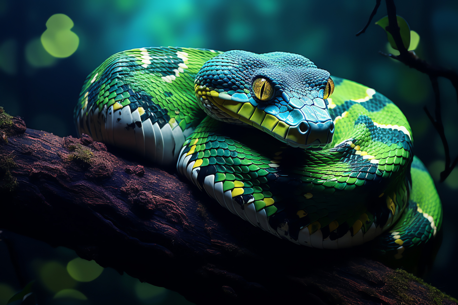 Emerald tree boa, snake patterned exterior, boa vivid ocular detail, South American species, snake coiled ring, HD Desktop Image