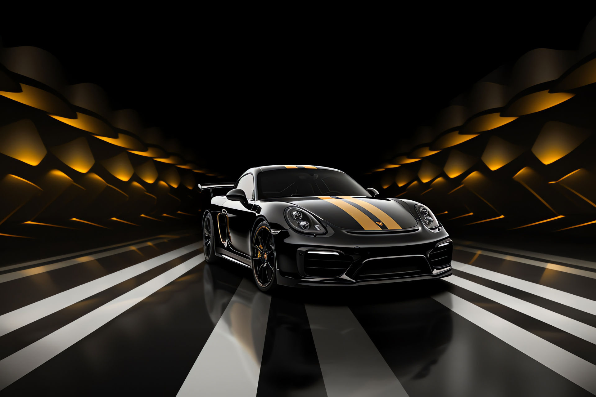 Porsche Cayman GT4 allure, Stark black and gold scheme, Artistic backdrop, Performance automobile flair, Dynamic stance, HD Desktop Image