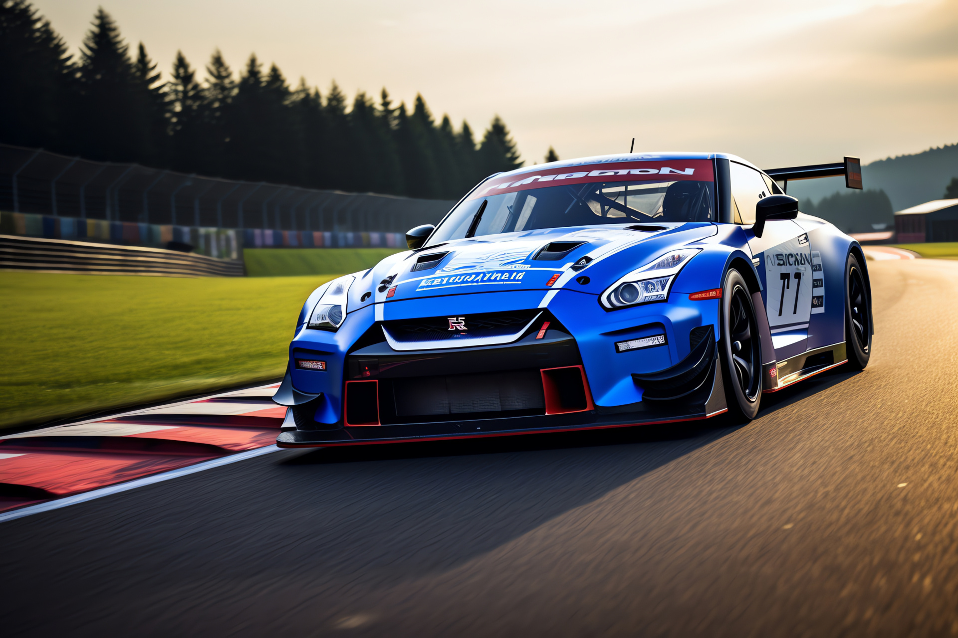 Nismo GT-R racecar, Nrburgring circuit, High-speed motorsport, Aerodynamic sports car, Race-ready GT4 model, HD Desktop Image