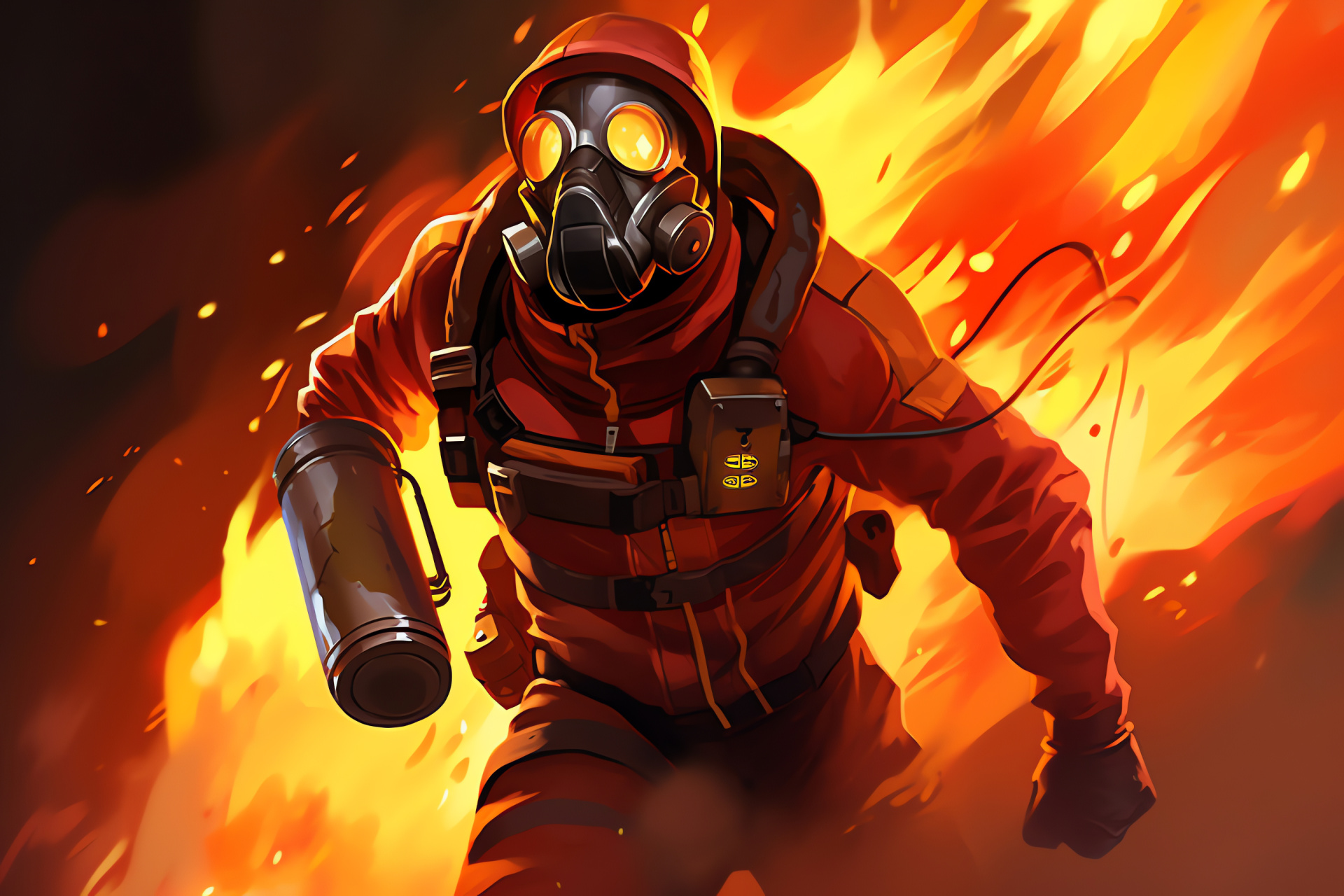 Pyro, Video game character, Illuminated gear, Sci-fi warfare, Gaming graphics, HD Desktop Image