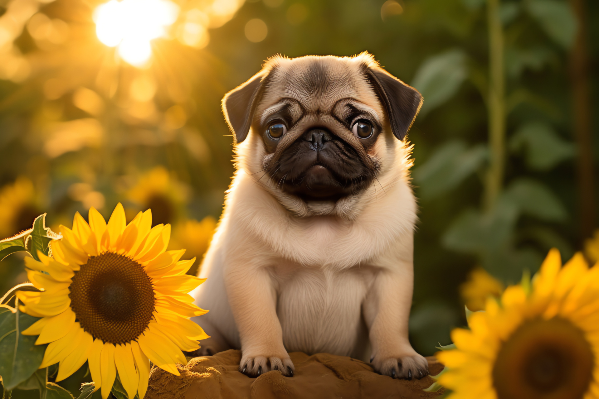 Joyful Pug puppy, shiny eyes, long soft coat, warm golden tones, vigorous tail movement, HD Desktop Image