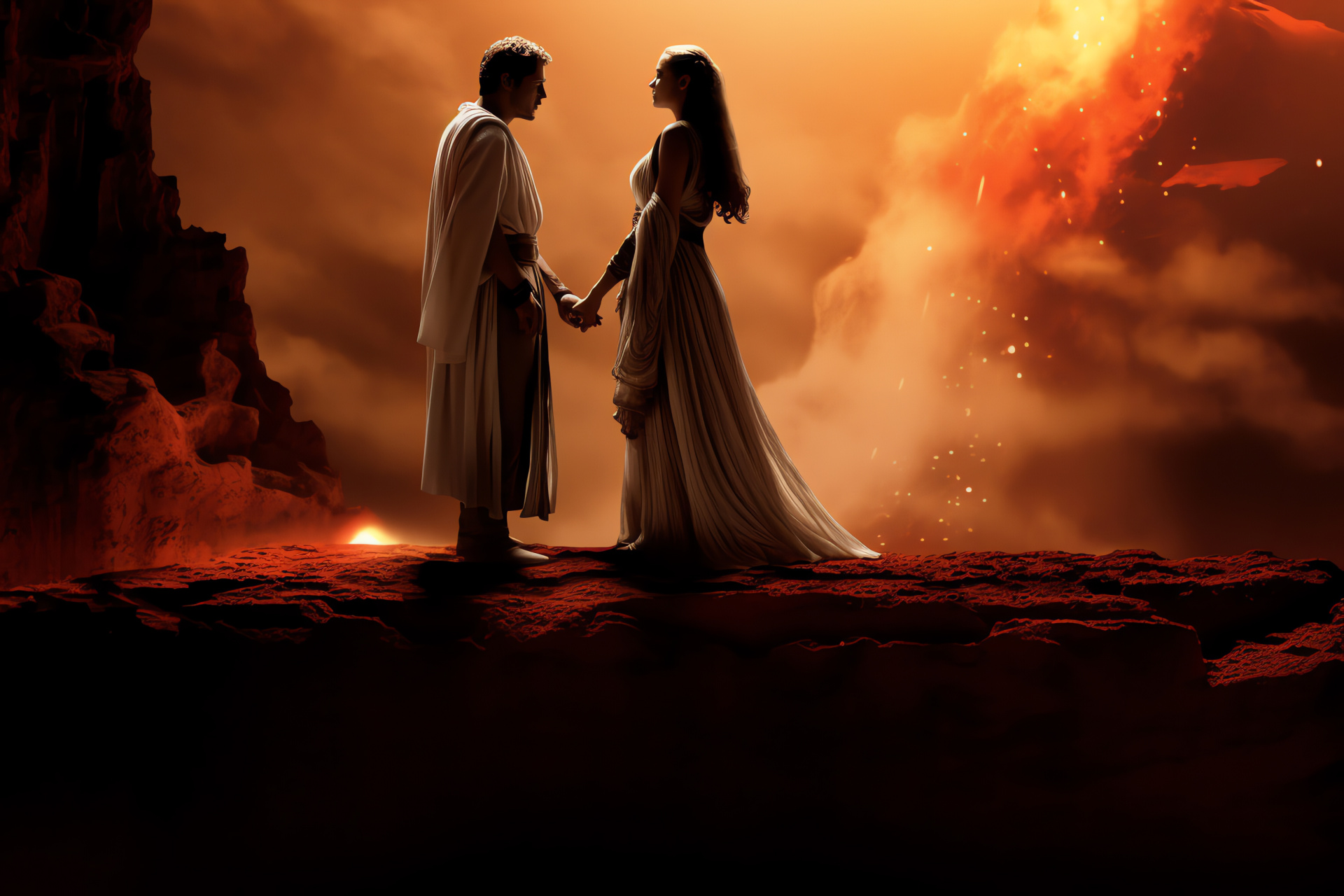 Star-crossed lovers, Volcanic confrontation, Romantic tragedy, Separatist crisis, Sci-fi attire, HD Desktop Wallpaper