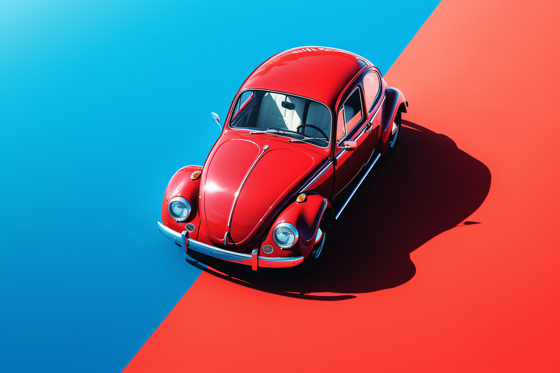 Volkswagen Beetle, High perspective angle, Multi-hued background setting, Glossy vermilion automobile, Distinctive car appearance, HD Desktop Wallpaper