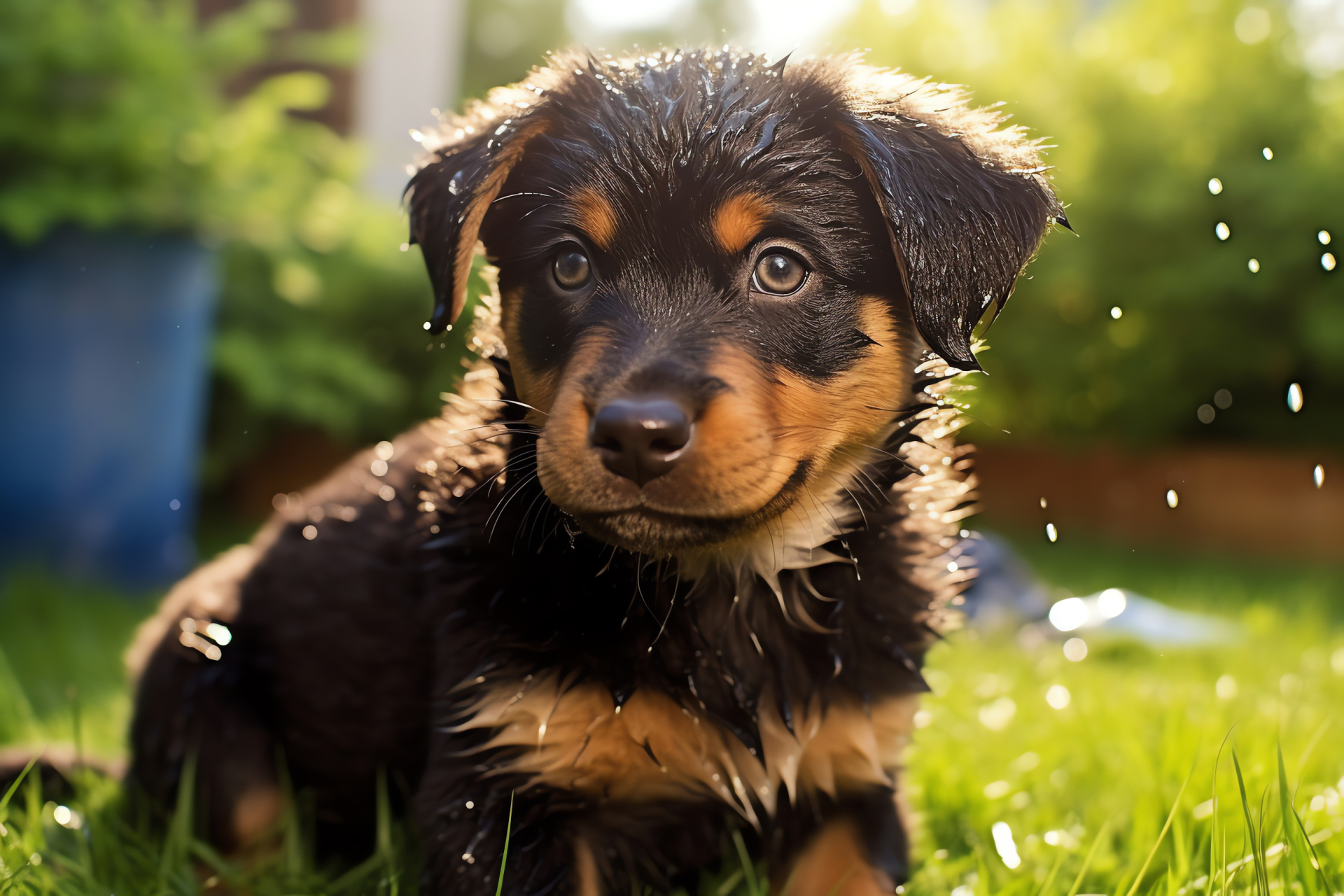 Rottweiler juvenile, clear blue eyes, soft texture, brown accents, fluffy appearance, HD Desktop Wallpaper