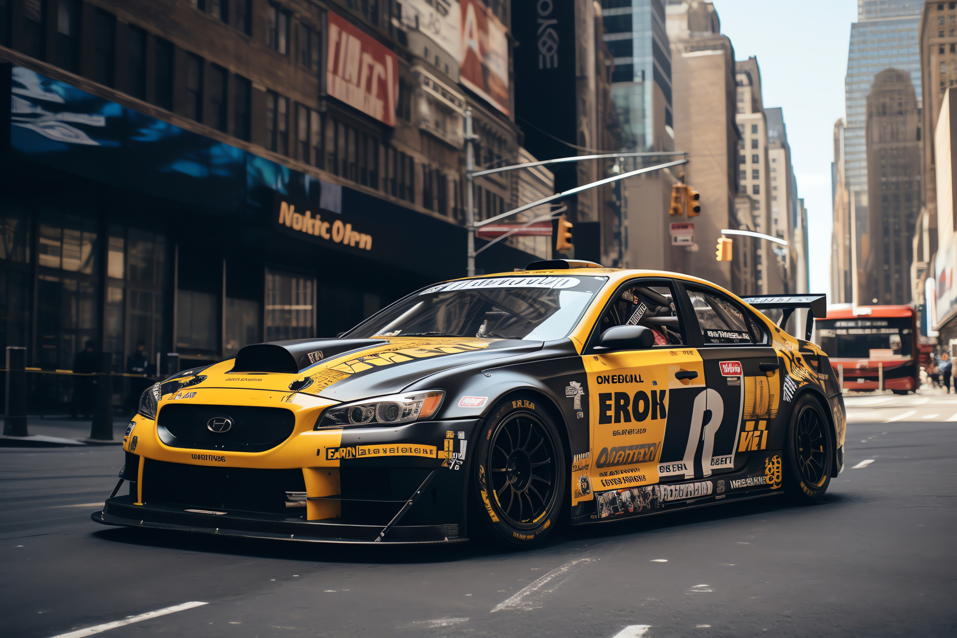 Rally car in NYC, Motorsport vehicle, Urban race, High-performance tires, Manhattan skyline, HD Desktop Wallpaper