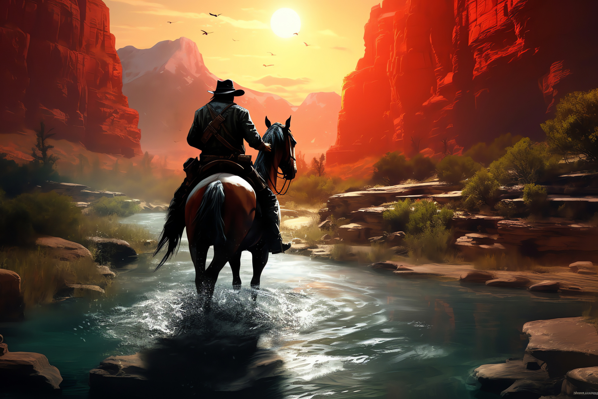 Western cowboy by river, Red Dead Redemption adventure, Steed on backdrop, Treacherous waters ahead, River crossing scene, HD Desktop Image