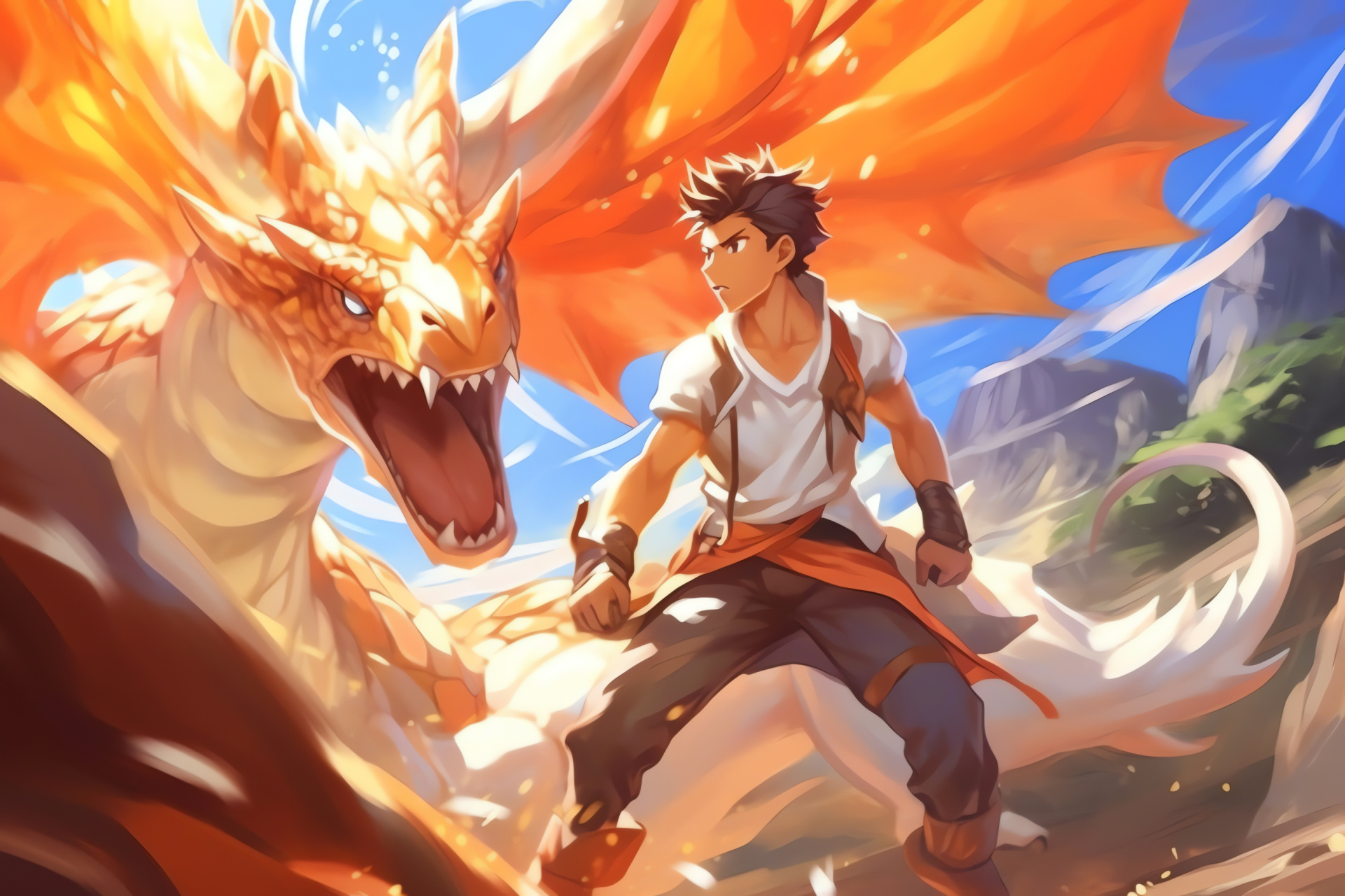 Pokemon White Elite, Trainer Lance, Winged Dragonite, Wrathful rampage, Drastic aerial movements, HD Desktop Image