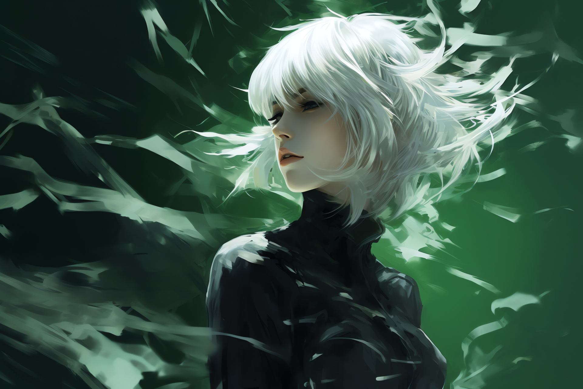 Nier Replicant character design, Silver-haired figure, Emerald-colored ensemble, Piercing azure eyes, Game protagonist, HD Desktop Wallpaper