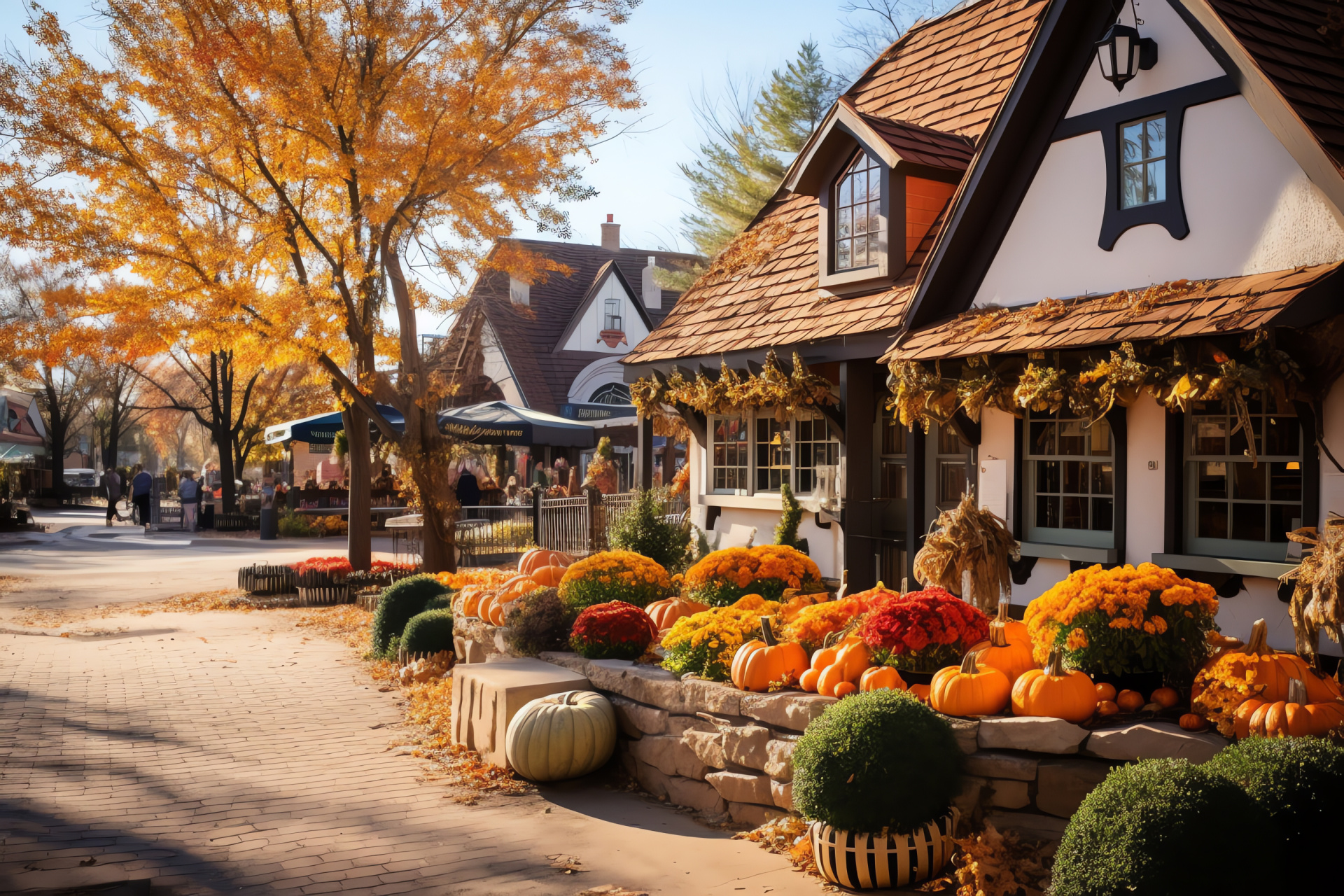 Virtual Thanksgiving festivities, Rustic town ambiance, Charming houses graphic, Paved street celebration, Holiday gathering scene, HD Desktop Wallpaper