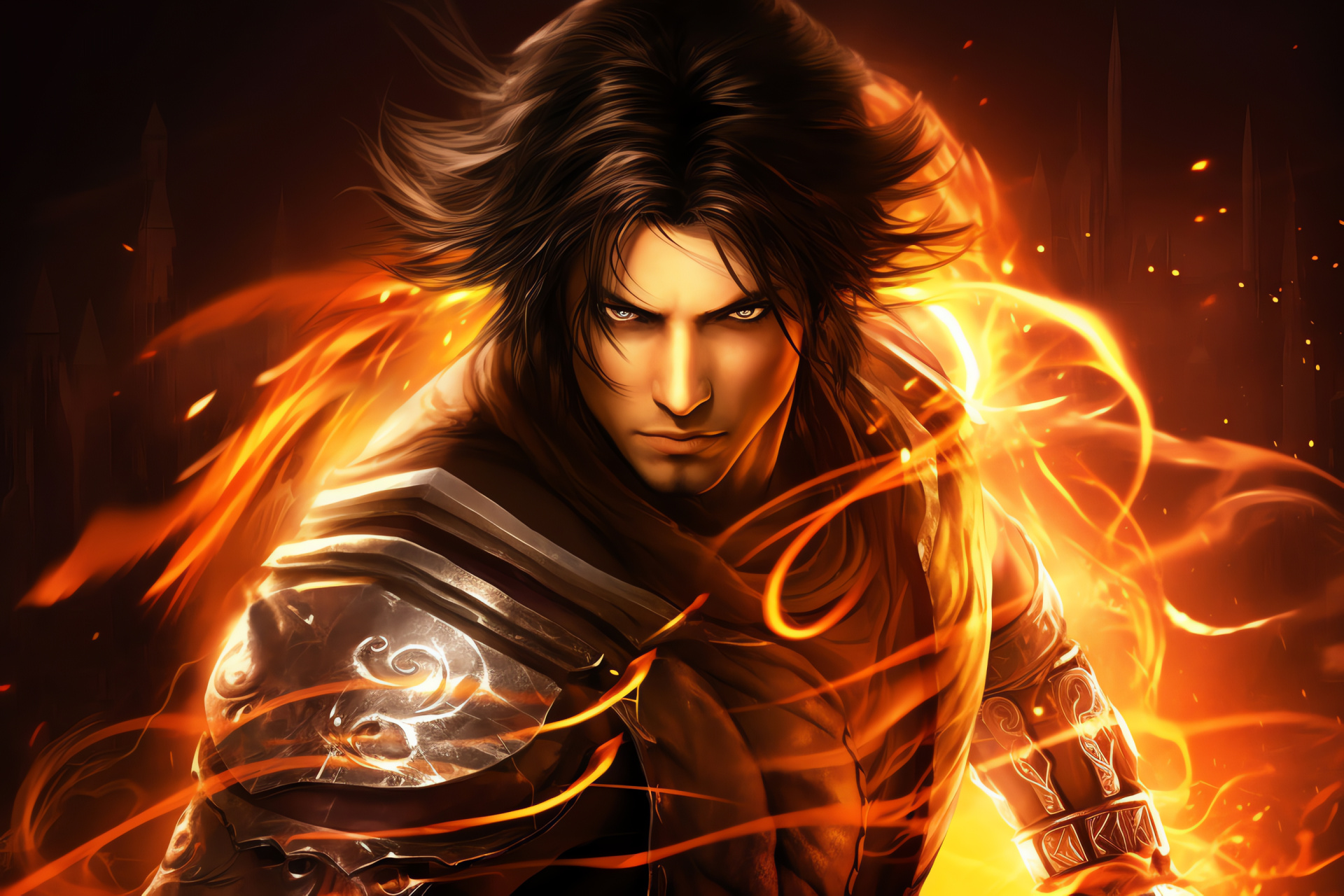 Prince of Persia character, heroic bearing, electric violet optics, neon ambiance, techno realm, HD Desktop Image