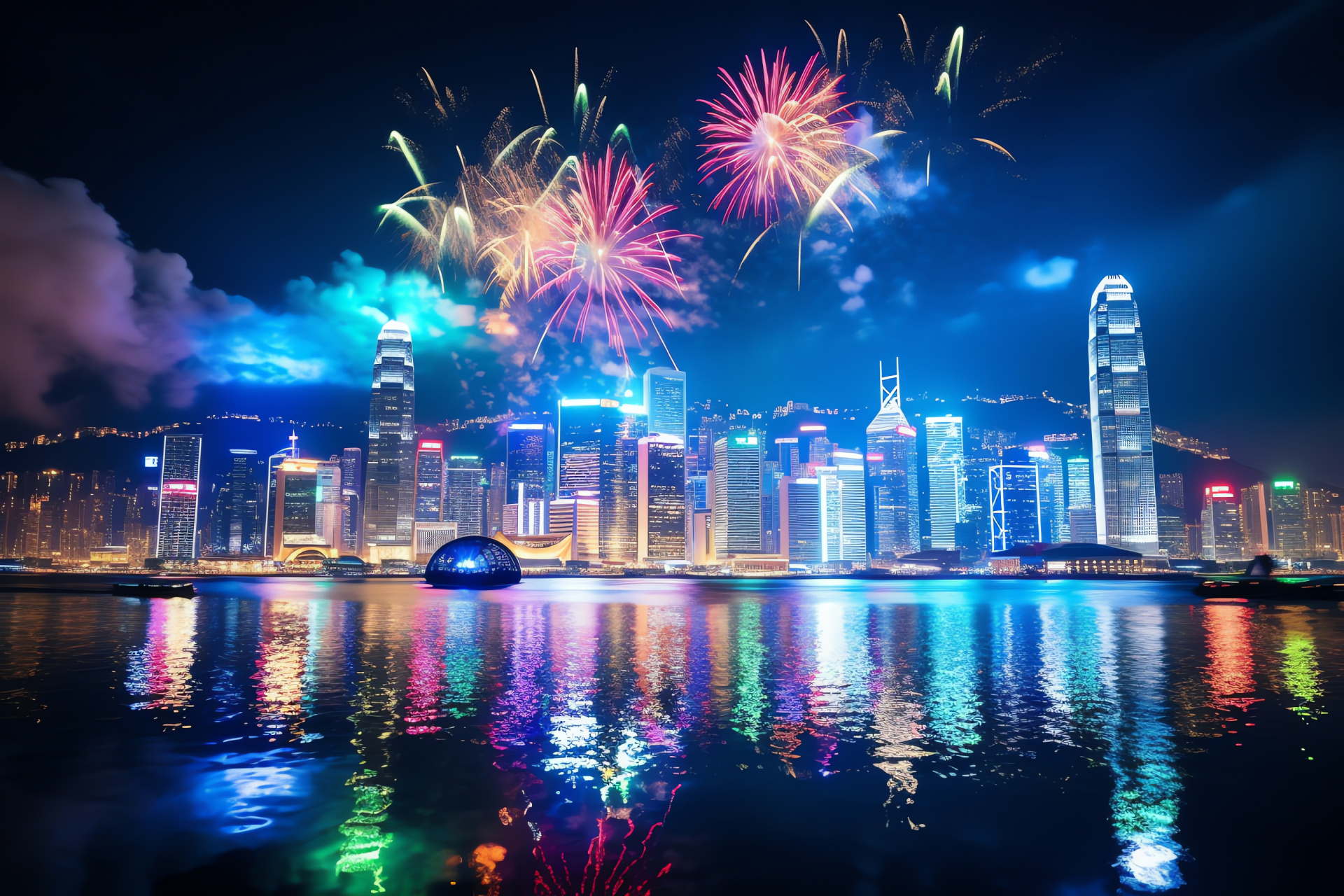 Harbor New Year spectacle, Hong Kong skyline illumination, Victoria Harbour pageantry, Urban jubilation, HD Desktop Wallpaper