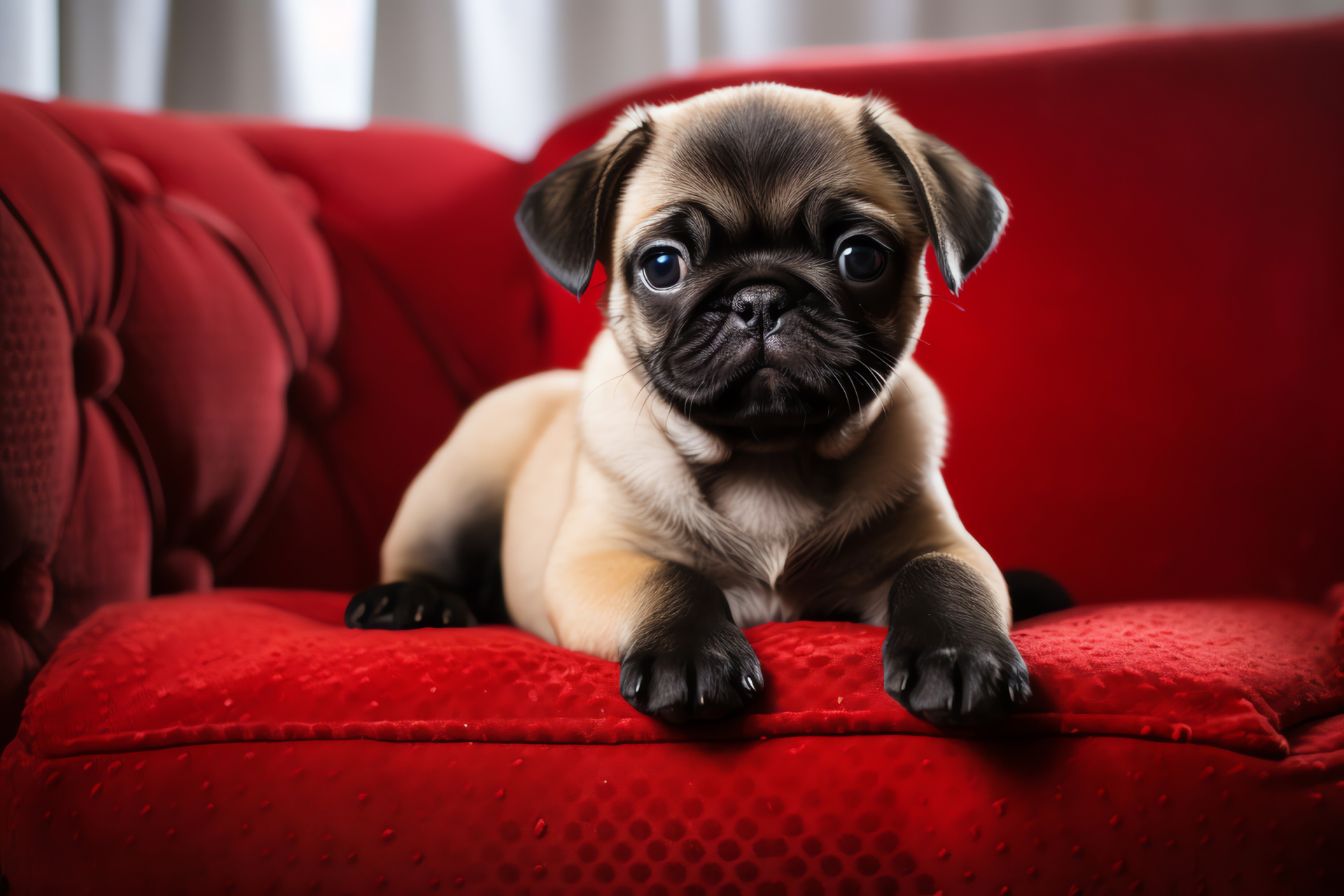 Pug puppy, short hair, beige fur, black pattern, dark-eyed canine, HD Desktop Image