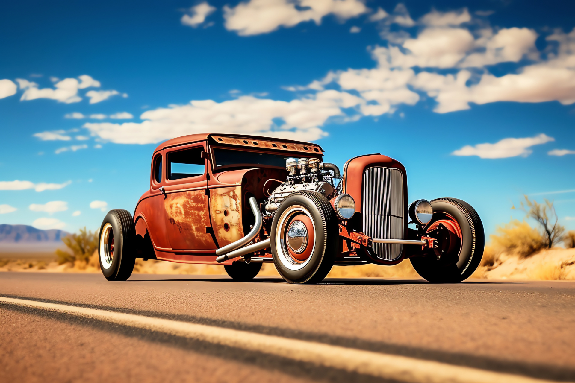 Vintage Rat Rod, Route 66 Americana, Weathered Aesthetics, Classic White Sidewalls, Automotive History, HD Desktop Wallpaper