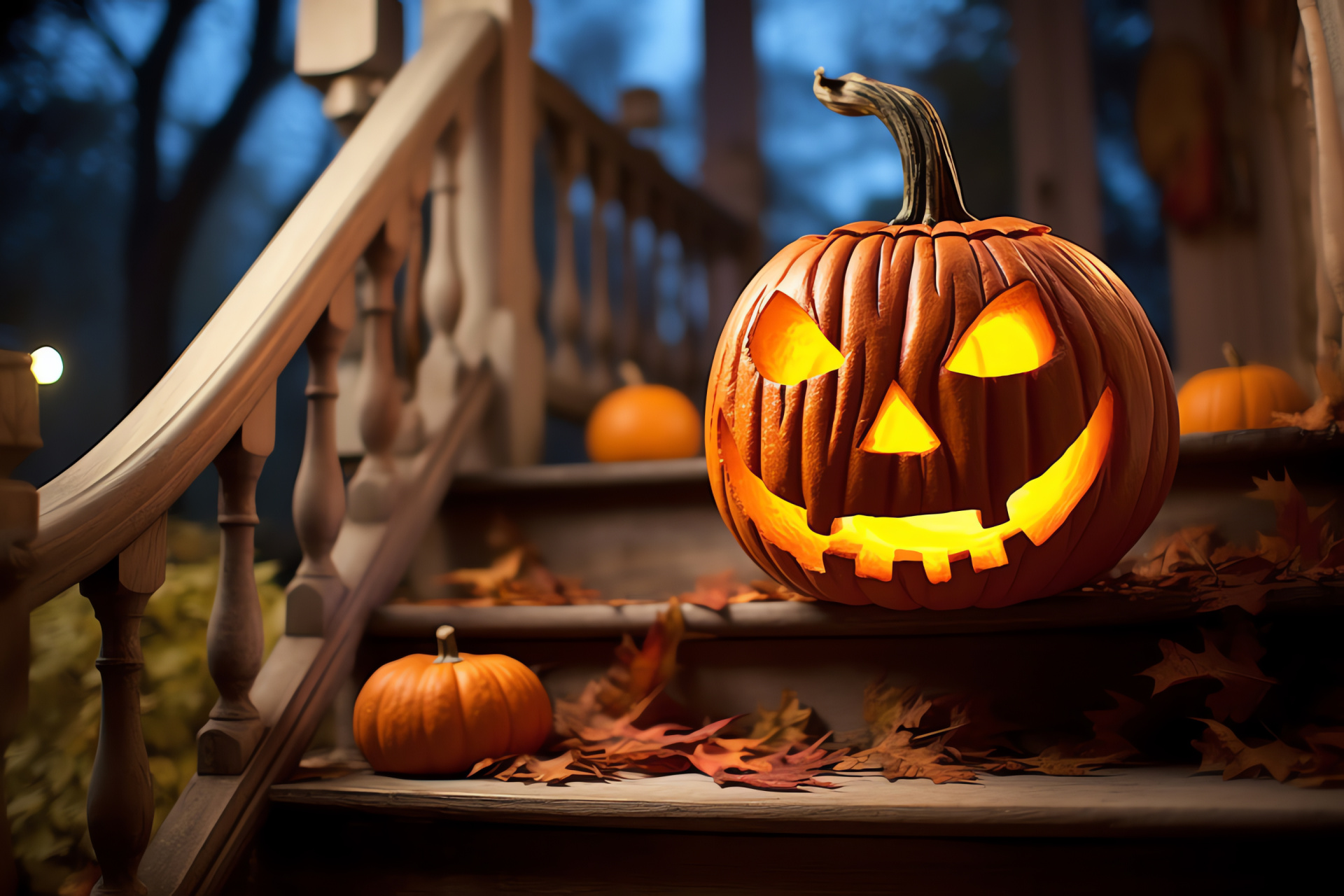 Jack-o'-lanterns, October night, macabre decorations, autumn ambiance, ghoulish festivities, HD Desktop Image