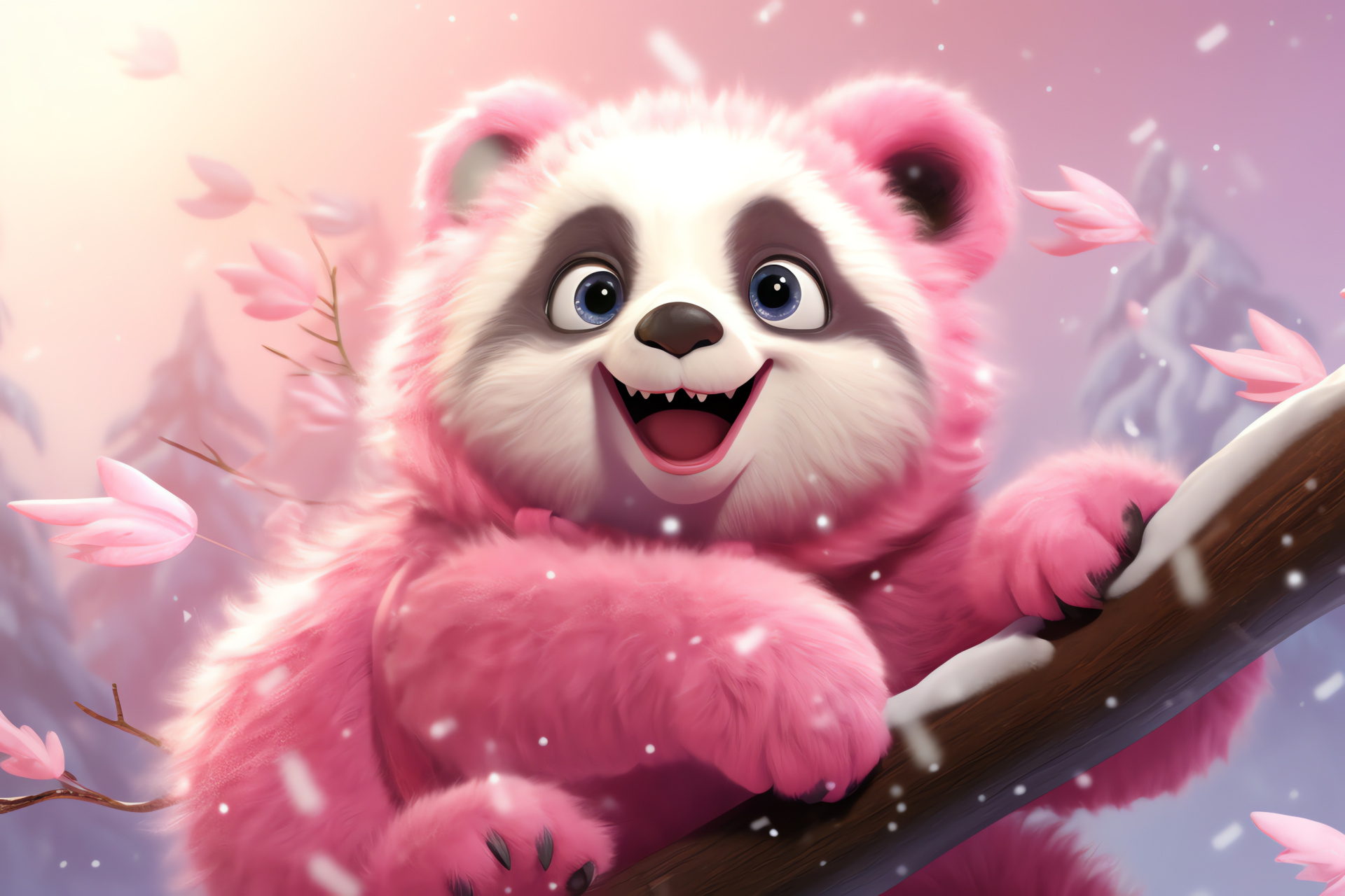 Playful Pink Panda, Whimsical animal, Winter wonderland, Frosty scenery, Glittery gaze, HD Desktop Image