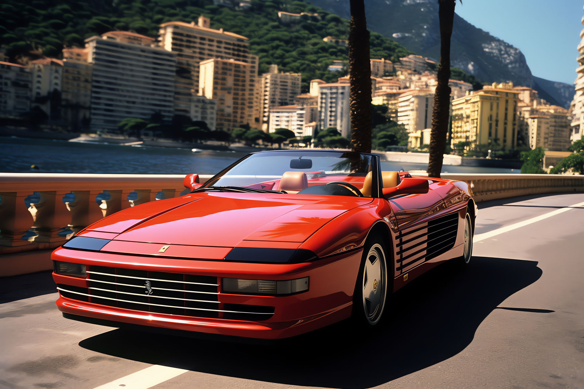 Ferrari Testarossa convertible, Monte Carlo luxury, Mediterranean coastline, Stylish waterfront drives, Convertible sports car allure, HD Desktop Image