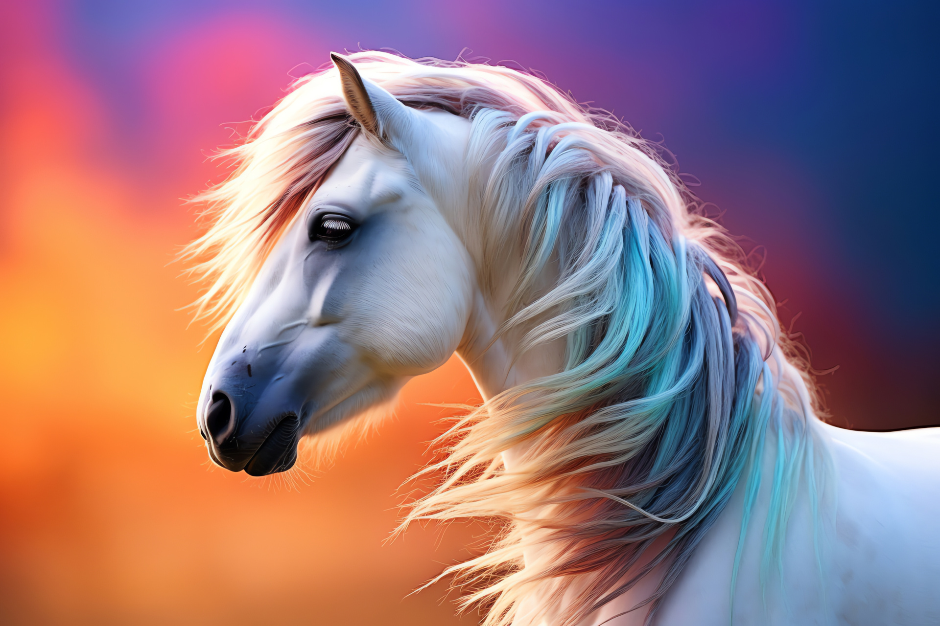 Small white Pony, Equine profile aspect, Pony's mane flow, Bright equine eye appearance, Triple-color backdrop feature, HD Desktop Image