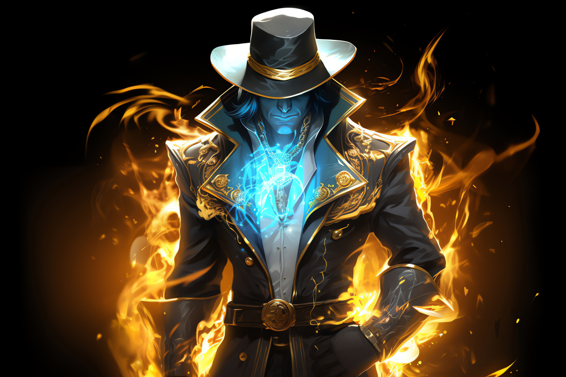 Twisted Fate champion, Golden attire, Mesmerizing magician, Card game mastery, Enchanting gaze, HD Desktop Image