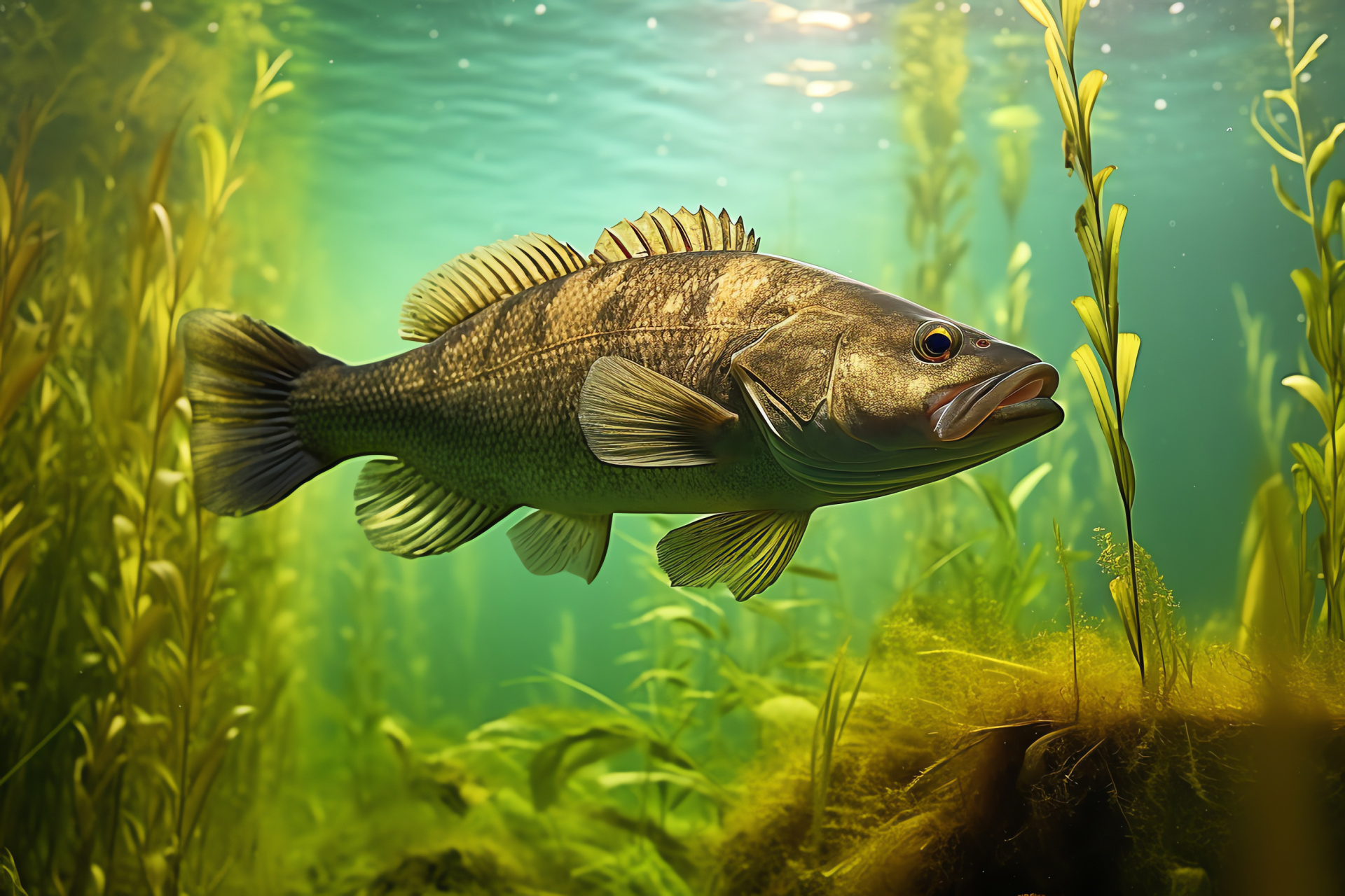 River bass habitat, serene water environment, dark patterned scales, freshwater stealth, natural camouflage, HD Desktop Image