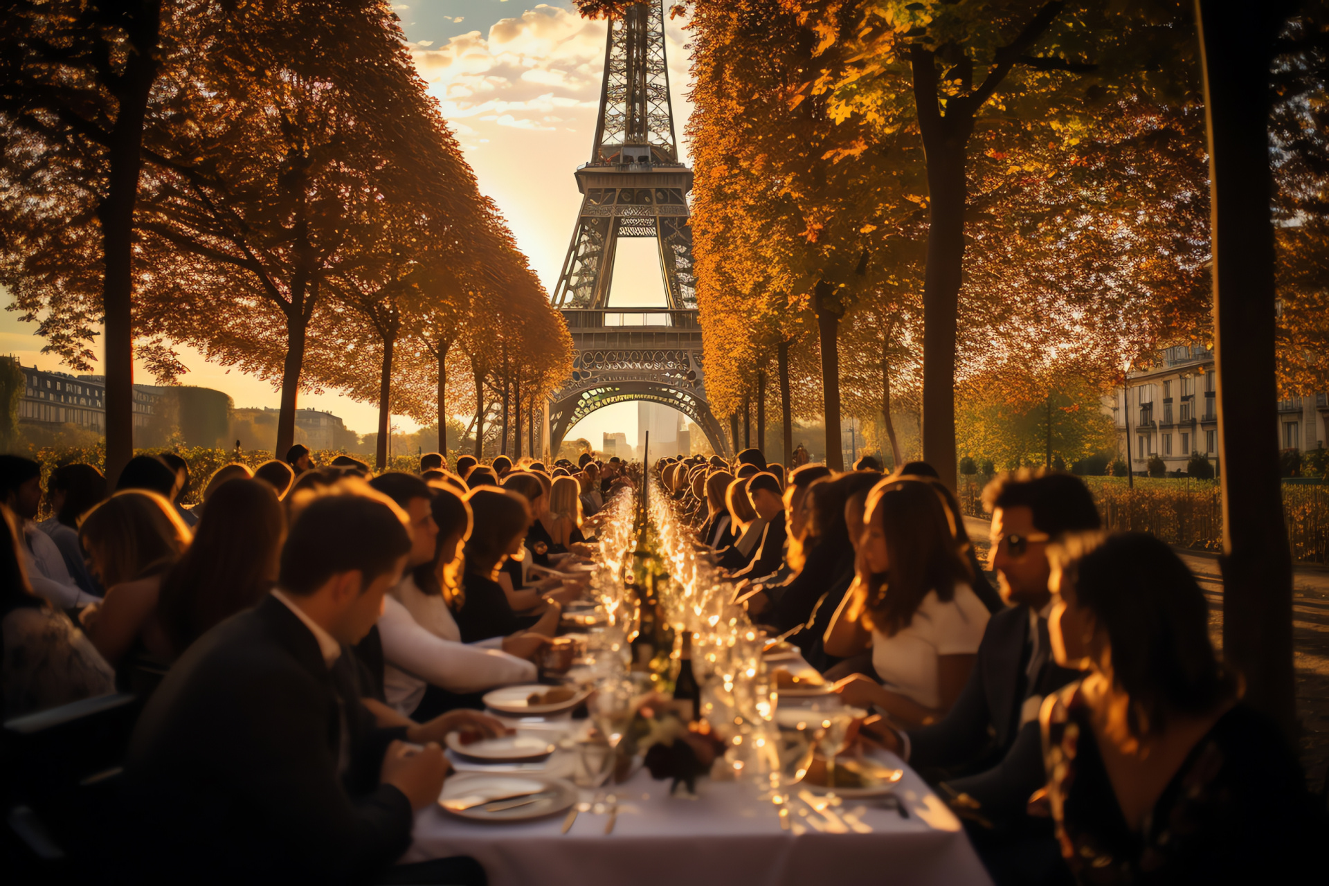 Parisian Thanksgiving feast, French capital celebration, Iconic tower view, Alfresco dining, Metropolitan banquet, HD Desktop Wallpaper