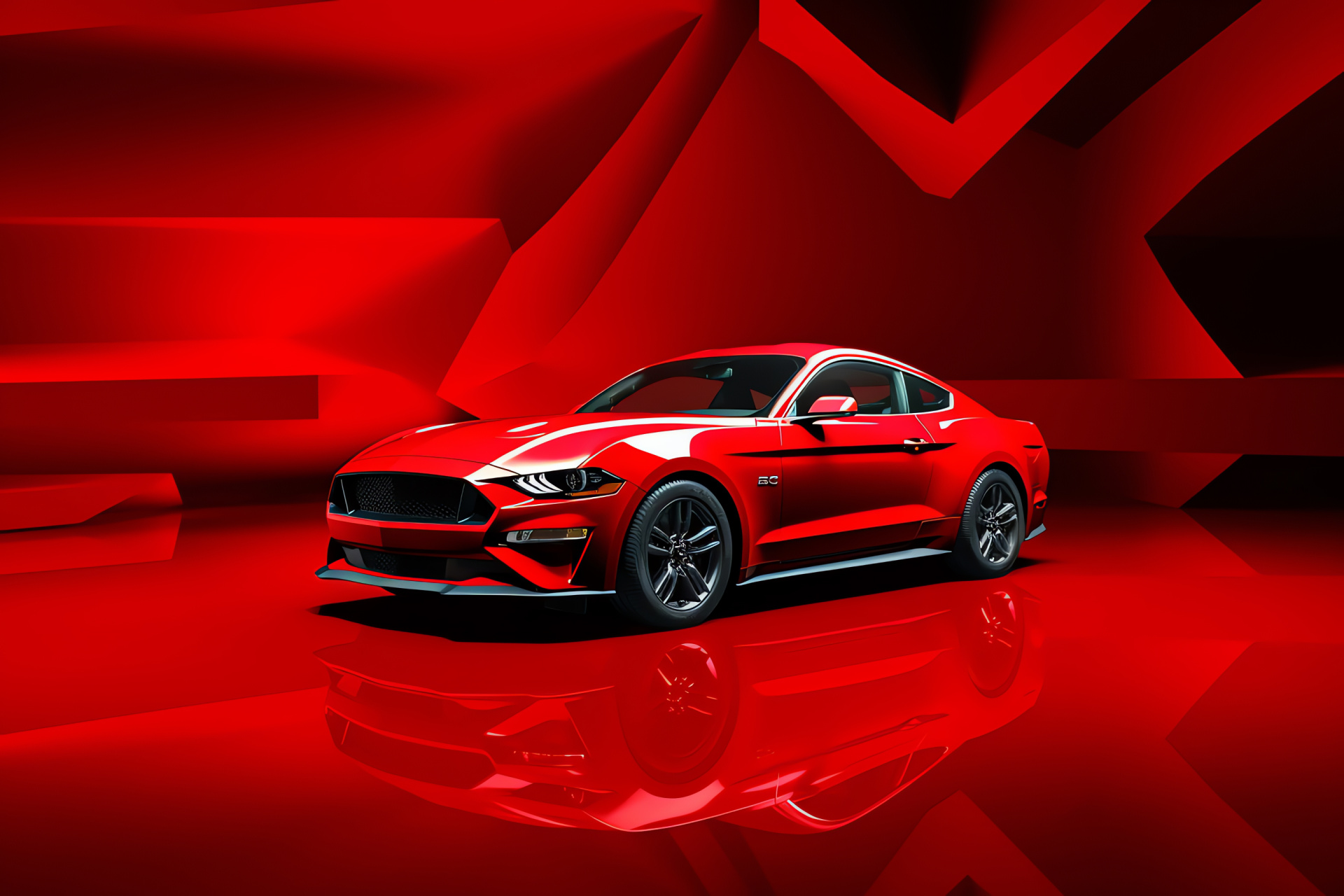 Mustang HD, Vibrant red canvas, Intense coloring, Confident presence, Daring lines, HD Desktop Wallpaper