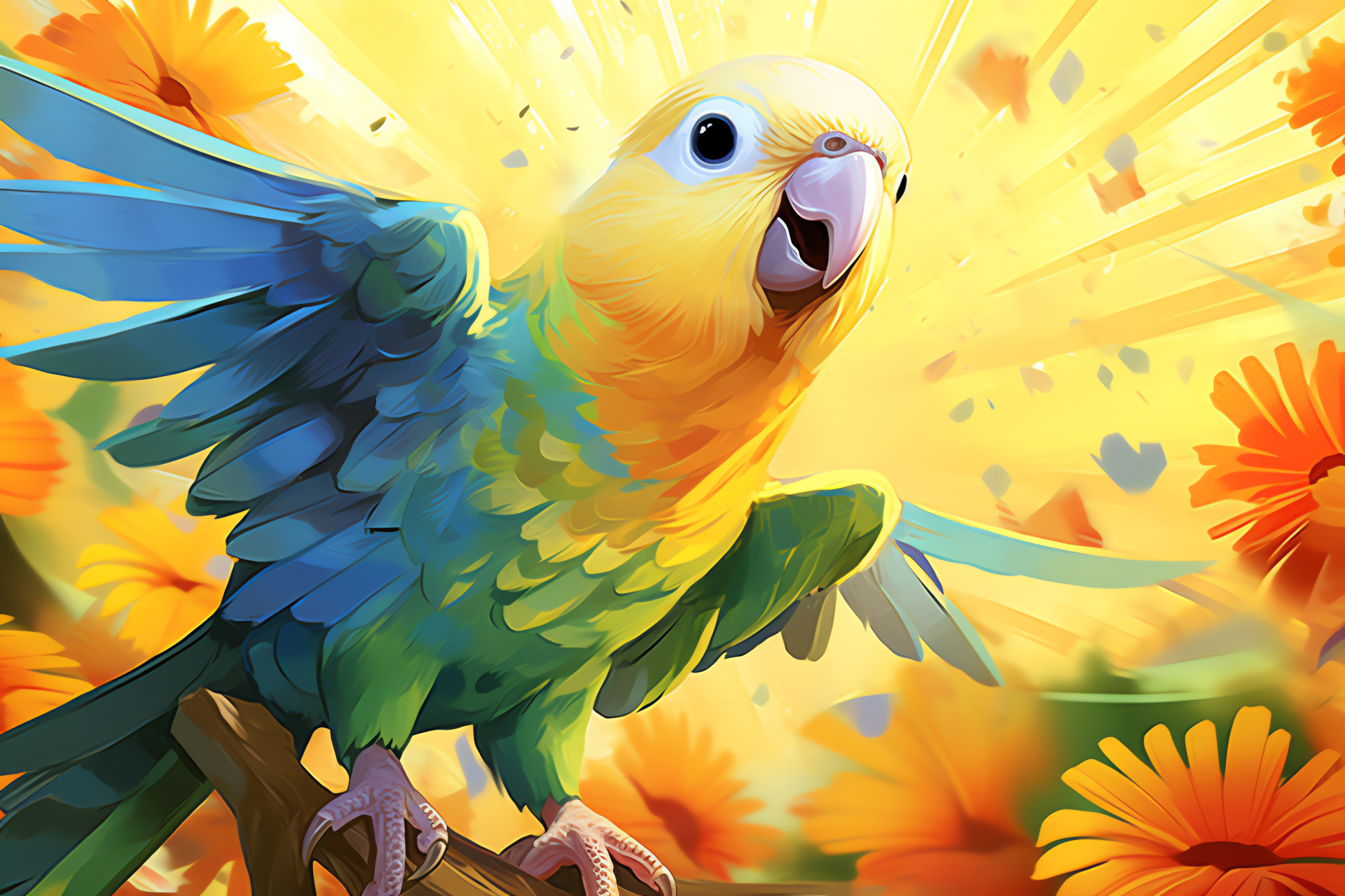 Energetic parakeet, Avian antics, Yellow plumage, Sunflower fields, Bird chirps, HD Desktop Wallpaper