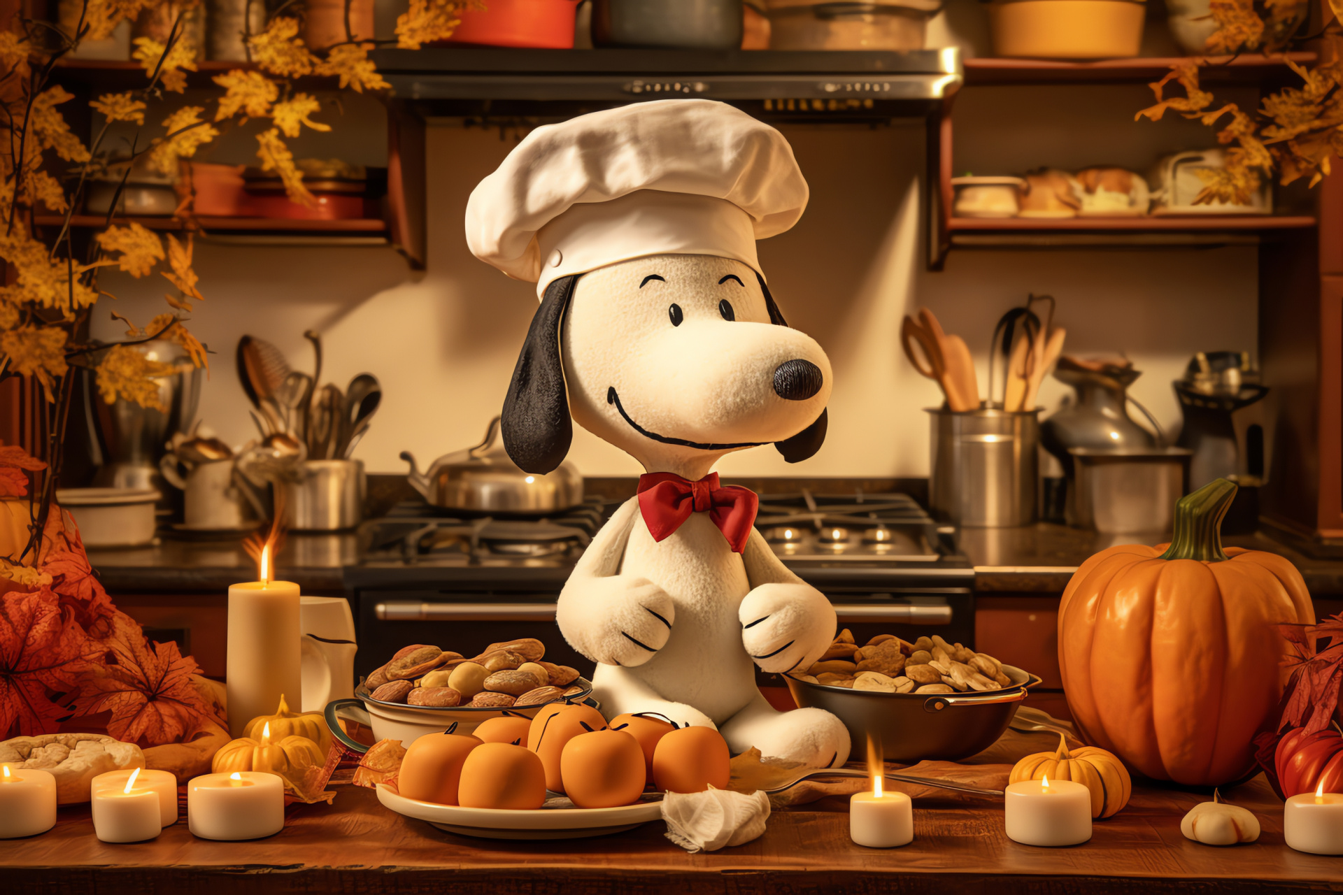 Comic characters Snoopy, busy kitchen, meal preparation, festive cooking, Thanksgiving hustle, HD Desktop Wallpaper